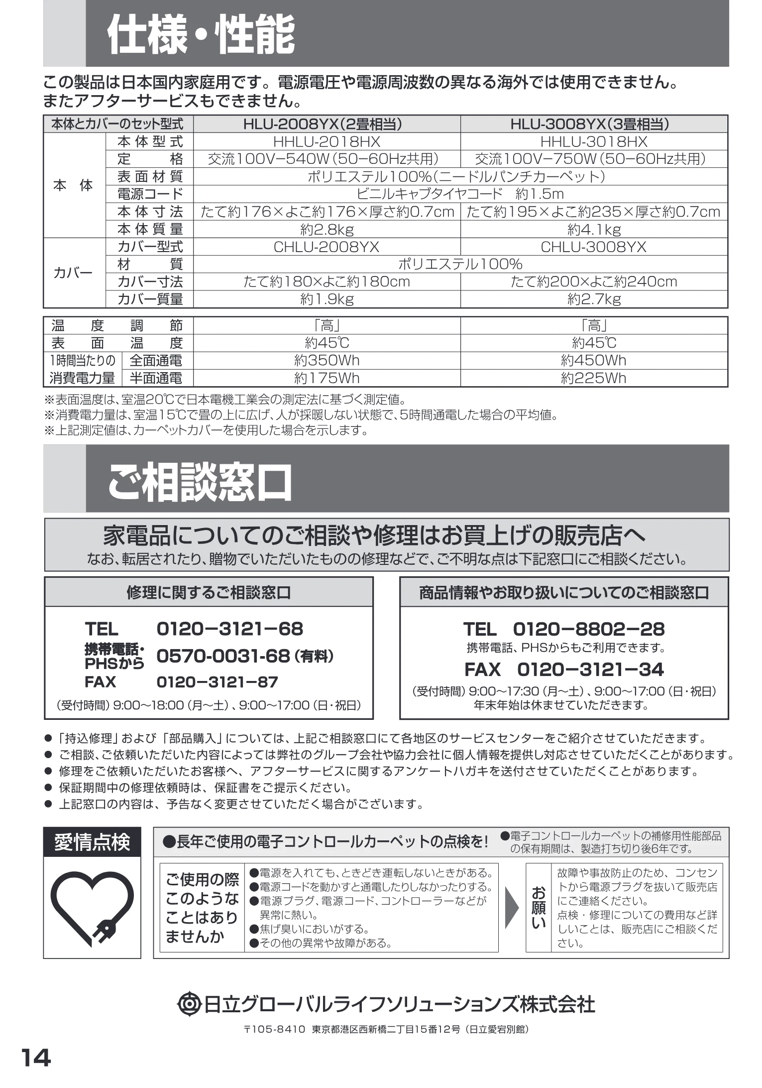 日立 HLU-3008YX / HLU-2008YX 取扱説明書 — 仕様・性能 — 図版 14-1 — 14ページ