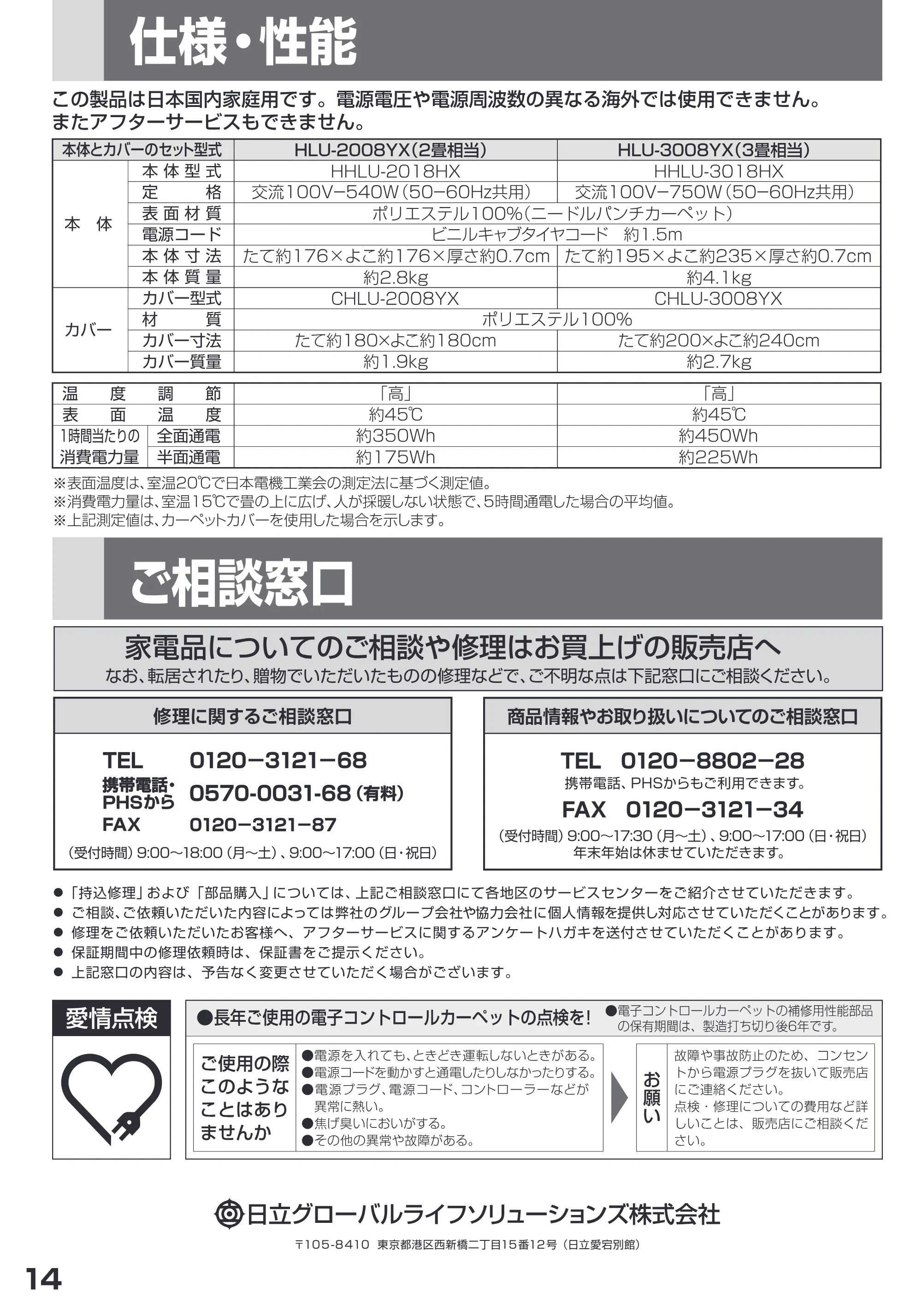 日立 HLU-3008YX / HLU-2008YX 取扱説明書 — 仕様・性能 — 原本ページ — 14ページ