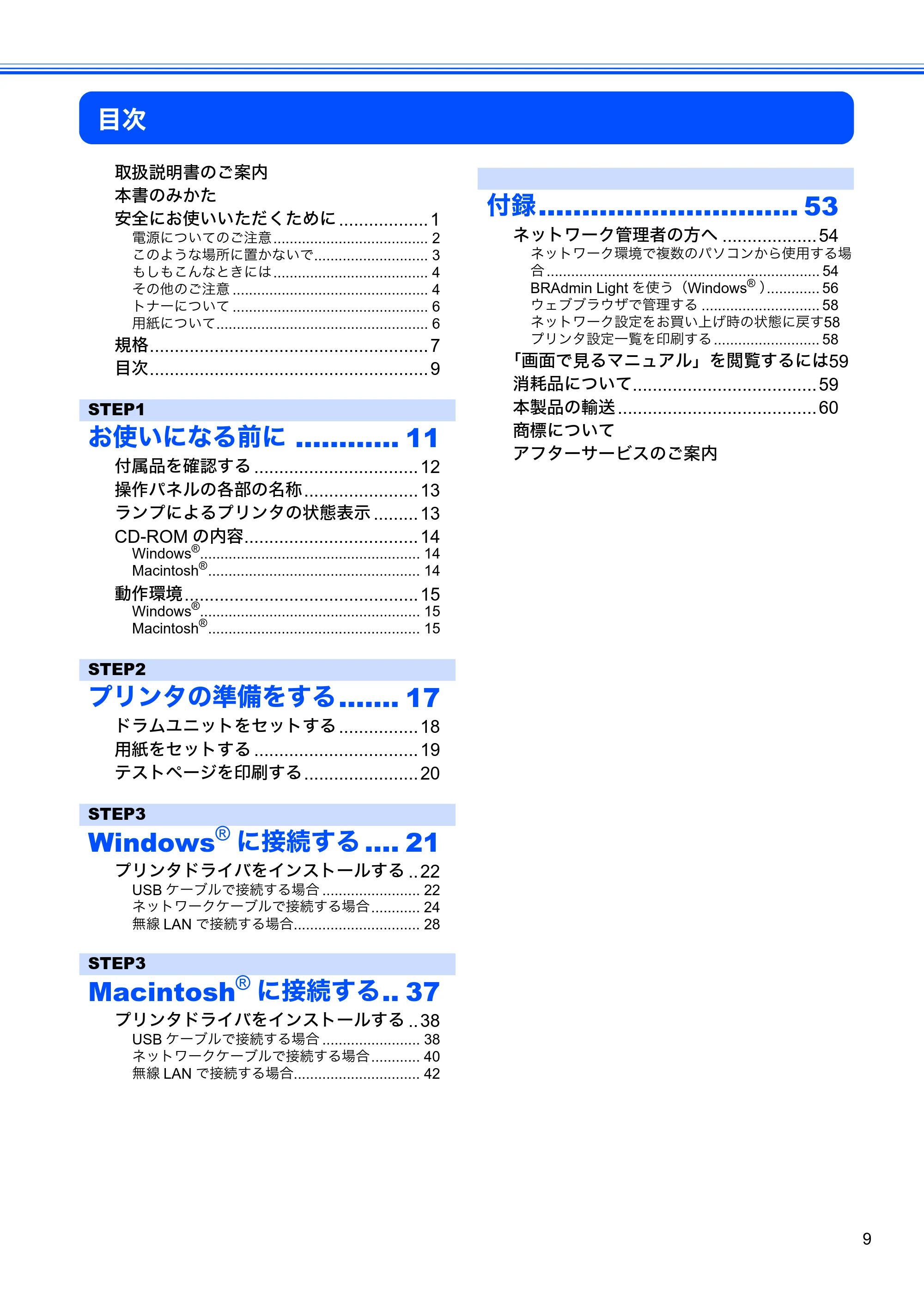 ブラザー HL-2170W かんたん設置ガイド — 目次 — 原本ページ — 11ページ
