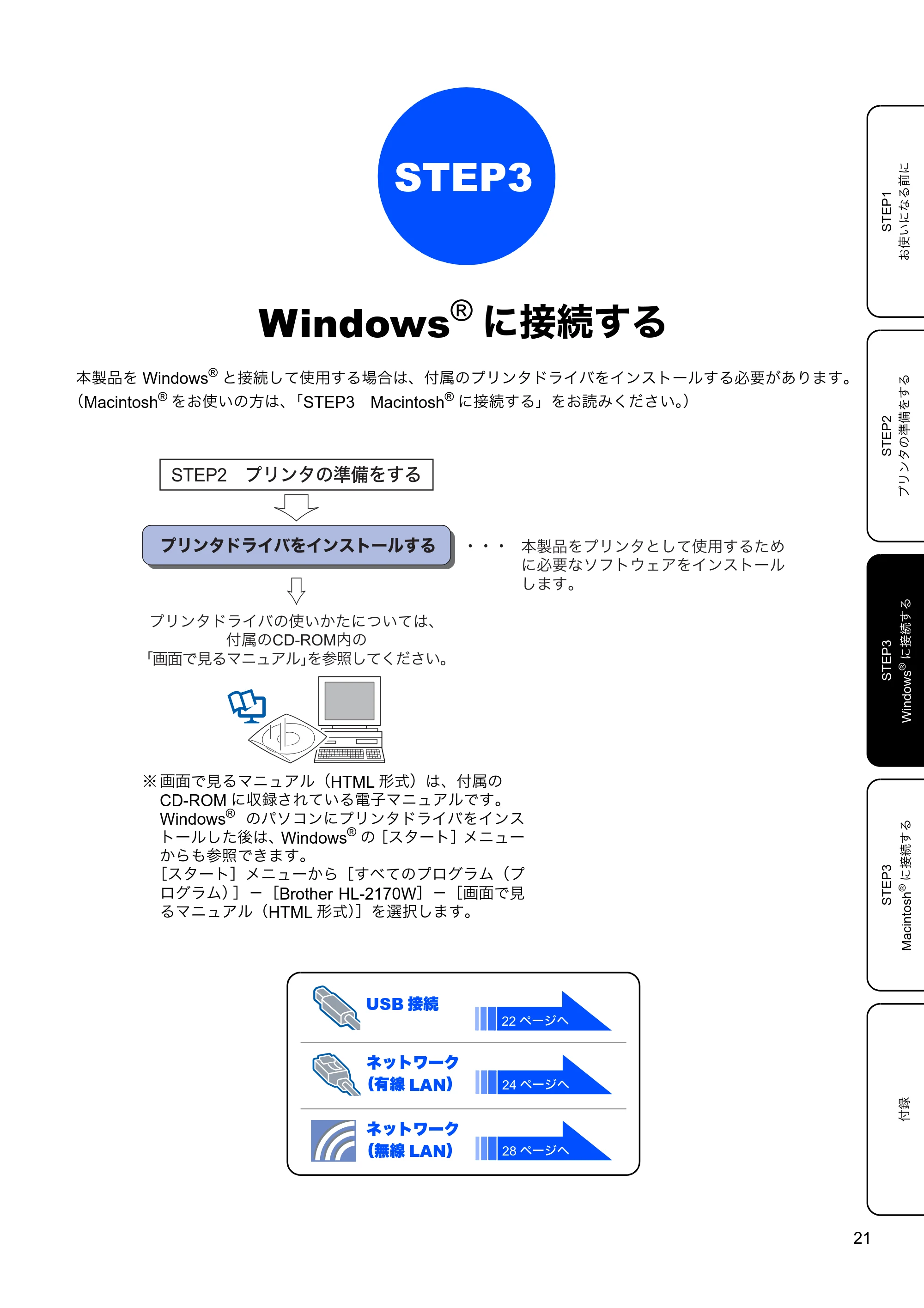 ブラザー HL-2170W かんたん設置ガイド — STEP3 Windows®に接続する — 原本ページ — 23ページ