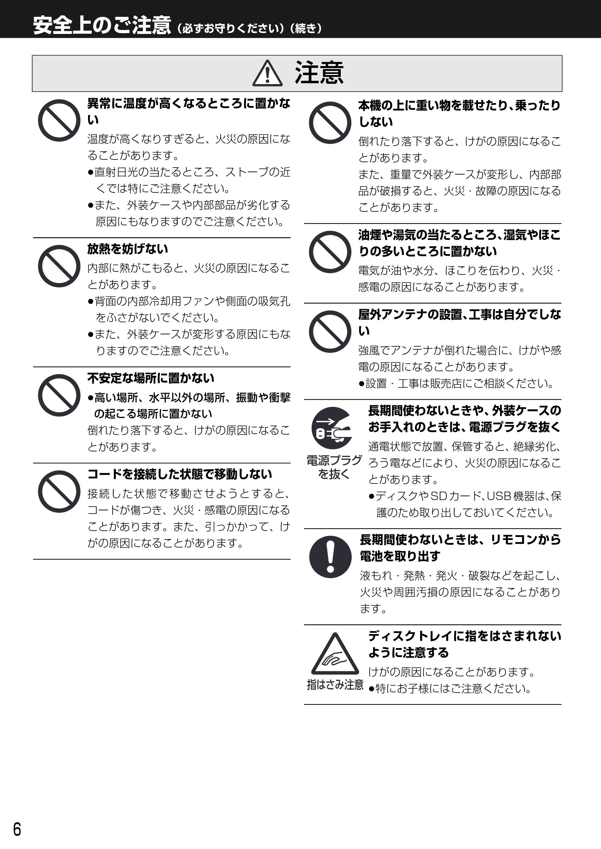 日立 DVL-BRT20 取扱説明書 — 安全上のご注意(必ずお守りください)(続き) — 原本ページ — 6ページ