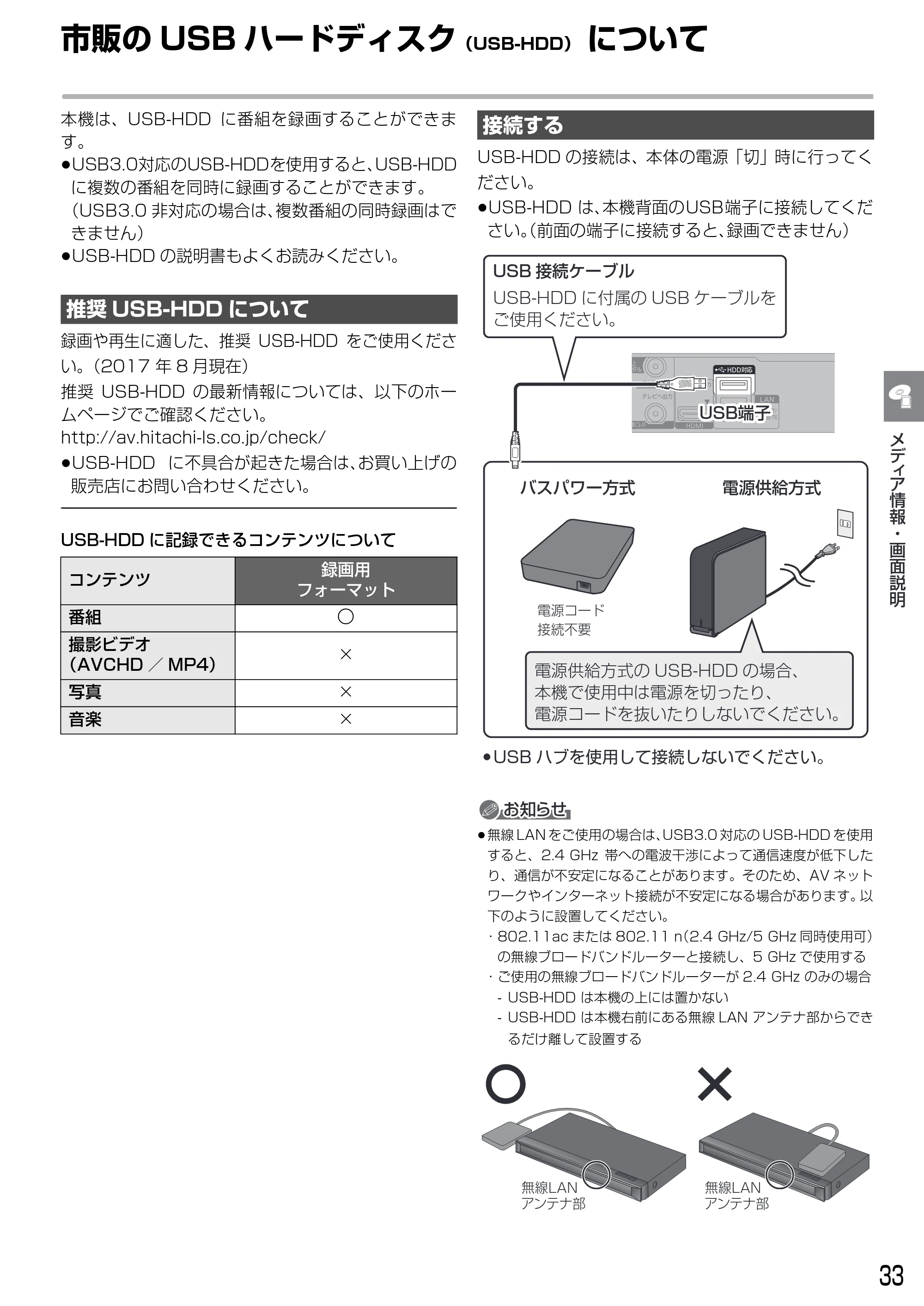 日立 DVL-BRT20 取扱説明書 — 市販のUSB ハードディスク(USB-HDD) について — 原本ページ — 33ページ