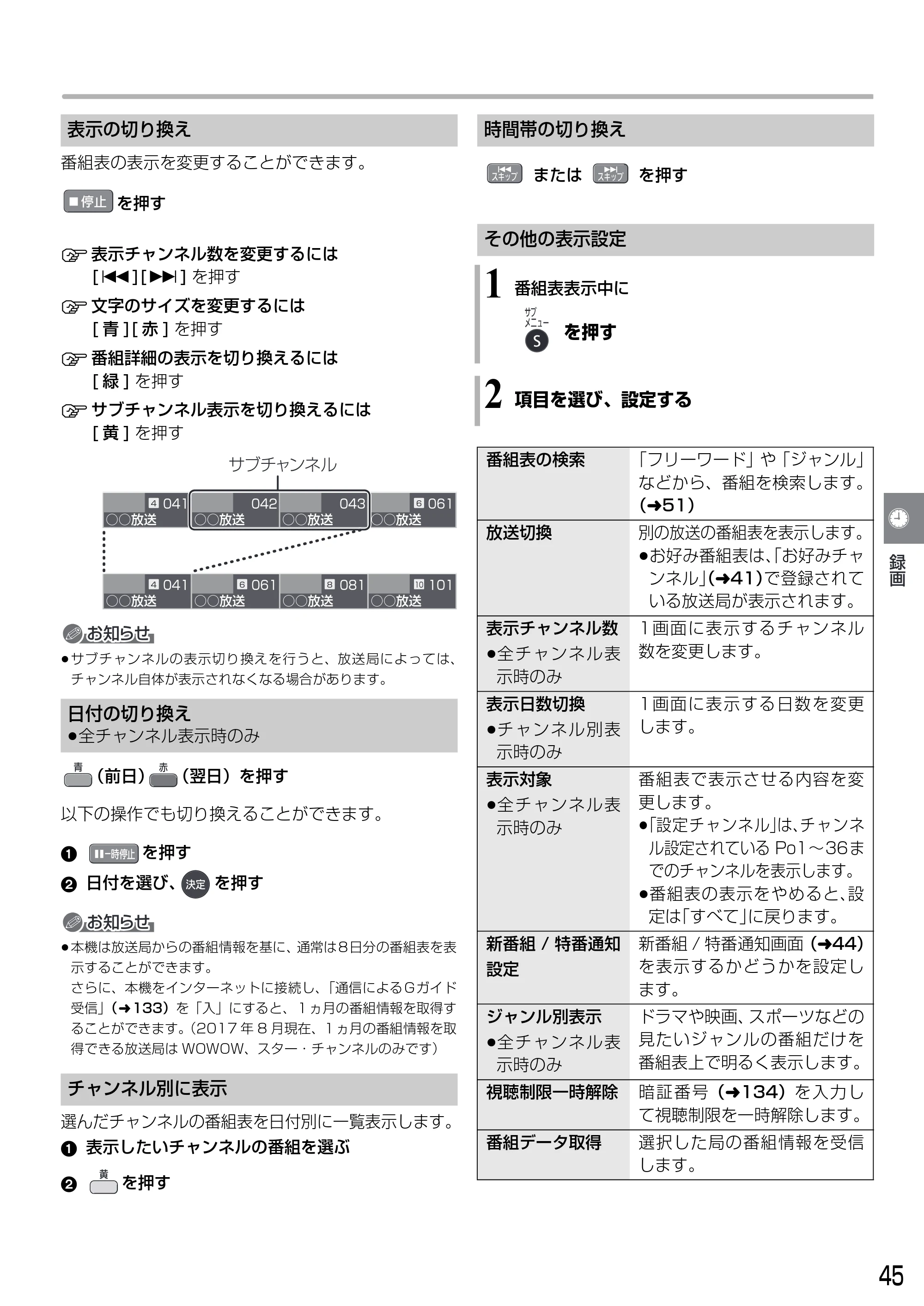 日立 DVL-BRT20 取扱説明書 — その他の表示設定 1 番組表表示中に — 原本ページ — 45ページ