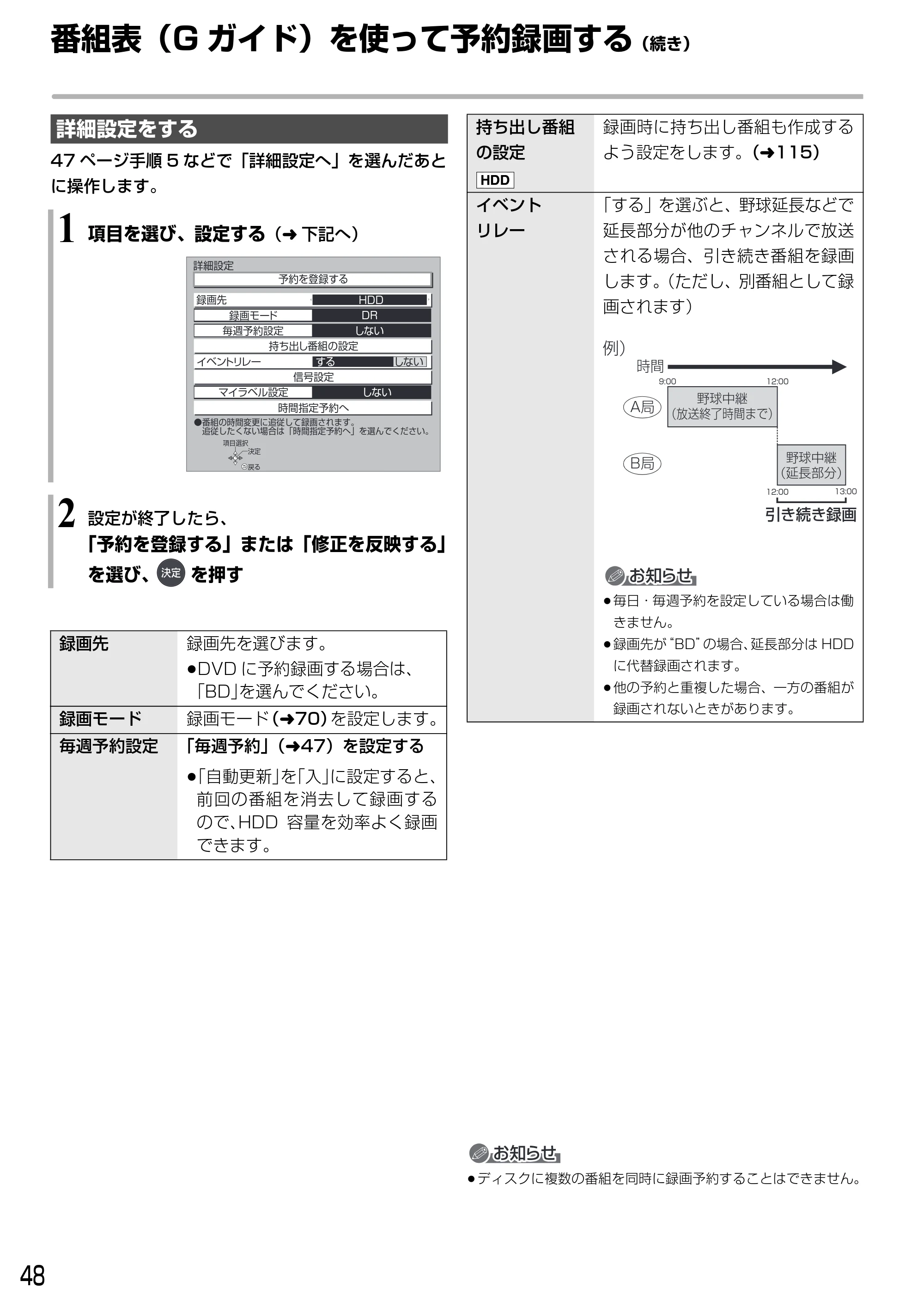 日立 DVL-BRT20 取扱説明書 — 番組表(G ガイド)を使って予約録画する(続き) — 原本ページ — 48ページ
