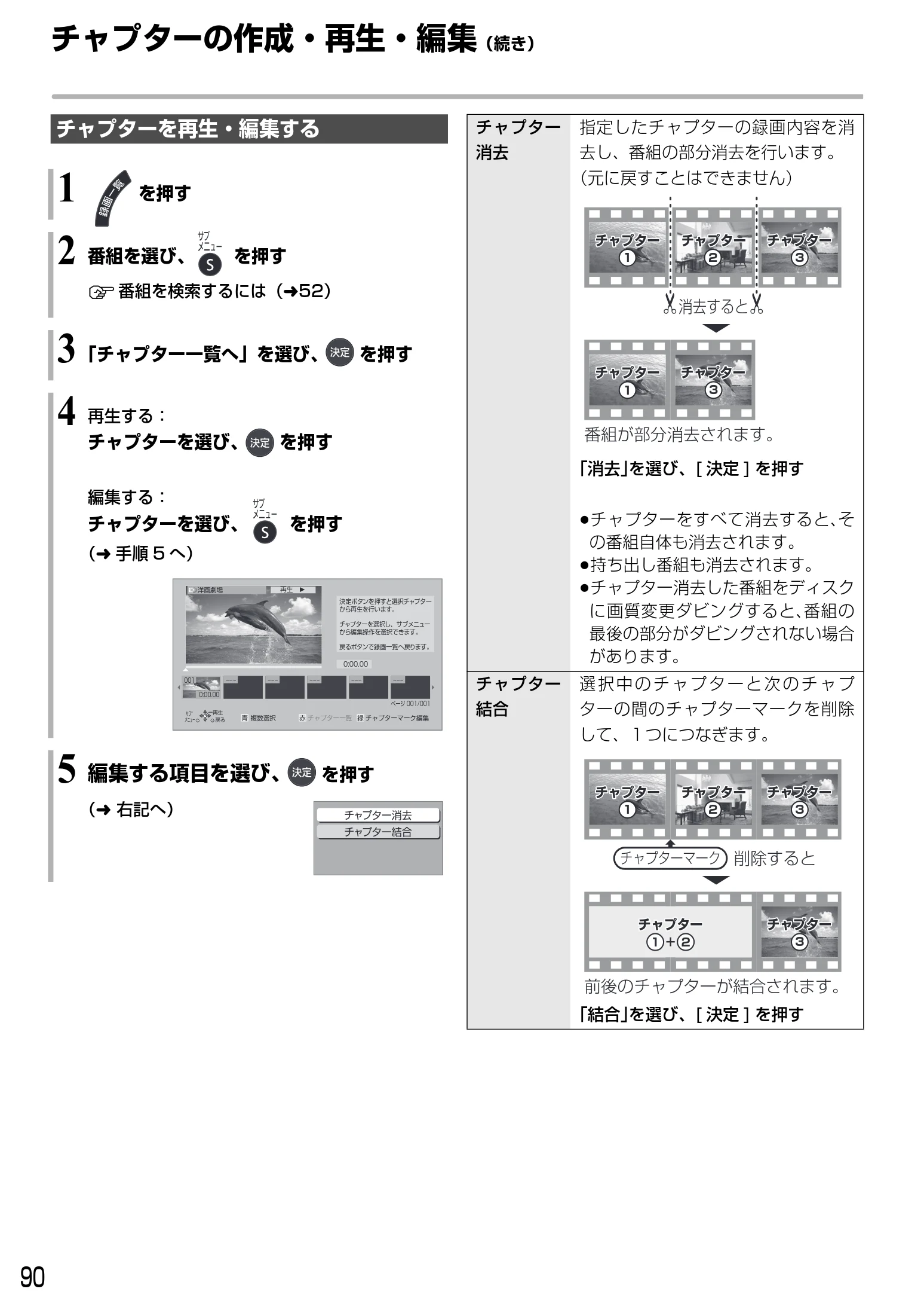 日立 DVL-BRT20 取扱説明書 — チャプターの作成・再生・編集(続き) — 図版 90-1 — 90ページ