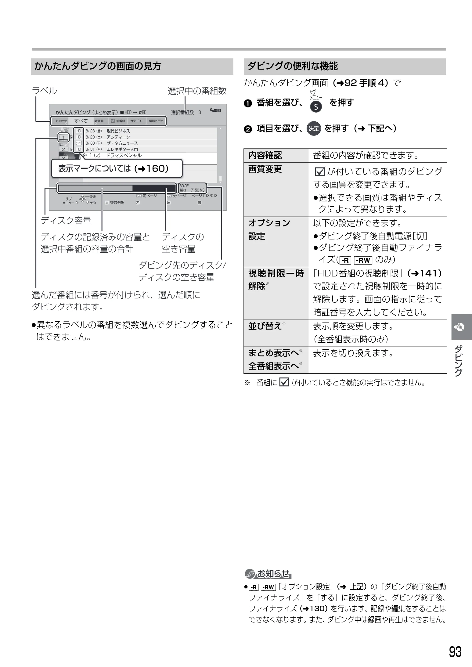 日立 DVL-BRT20 取扱説明書 — かんたんダビングの画面の見方 — 図版 93-1 — 93ページ