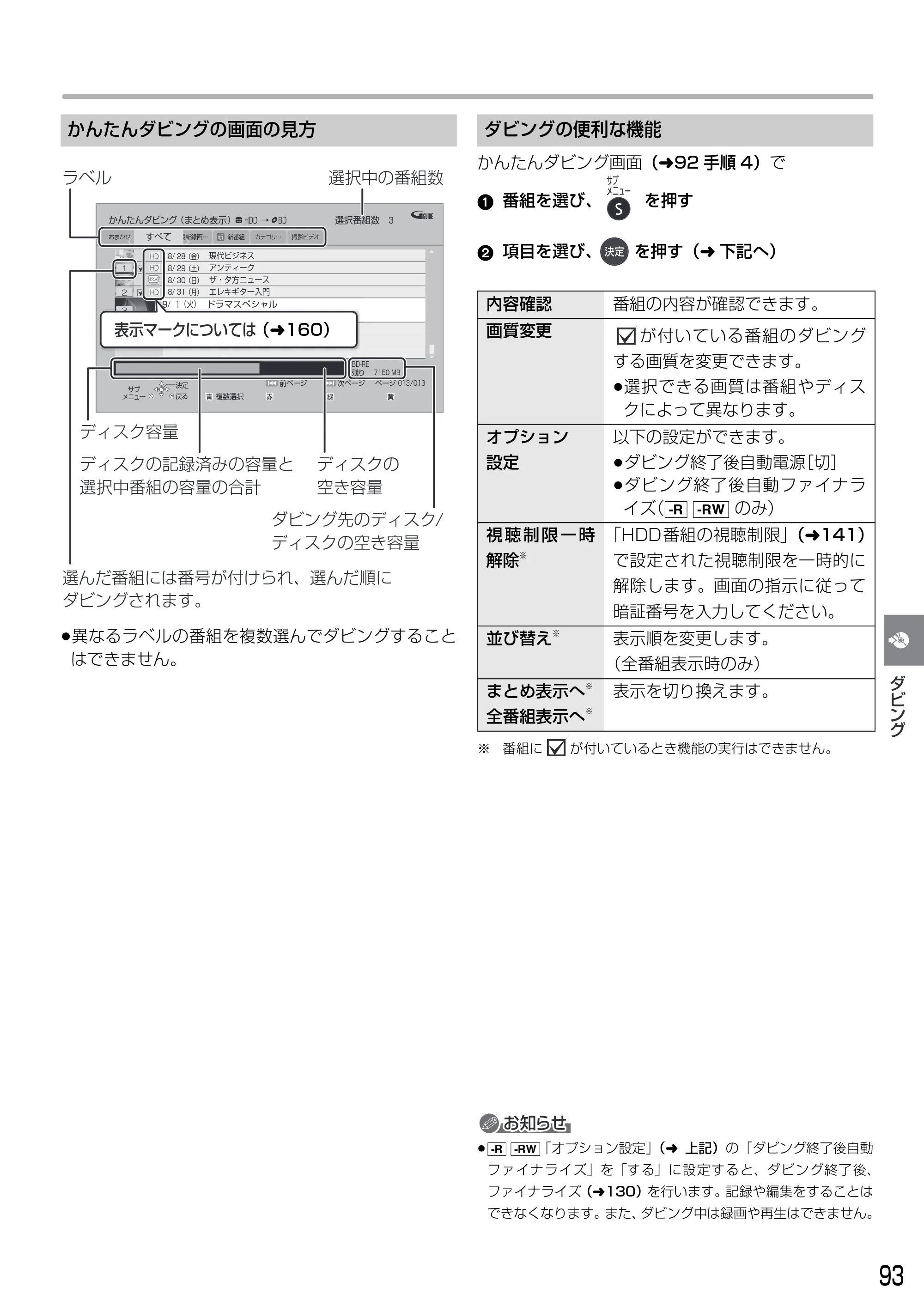 日立 DVL-BRT20 取扱説明書 — かんたんダビングの画面の見方 — 原本ページ — 93ページ