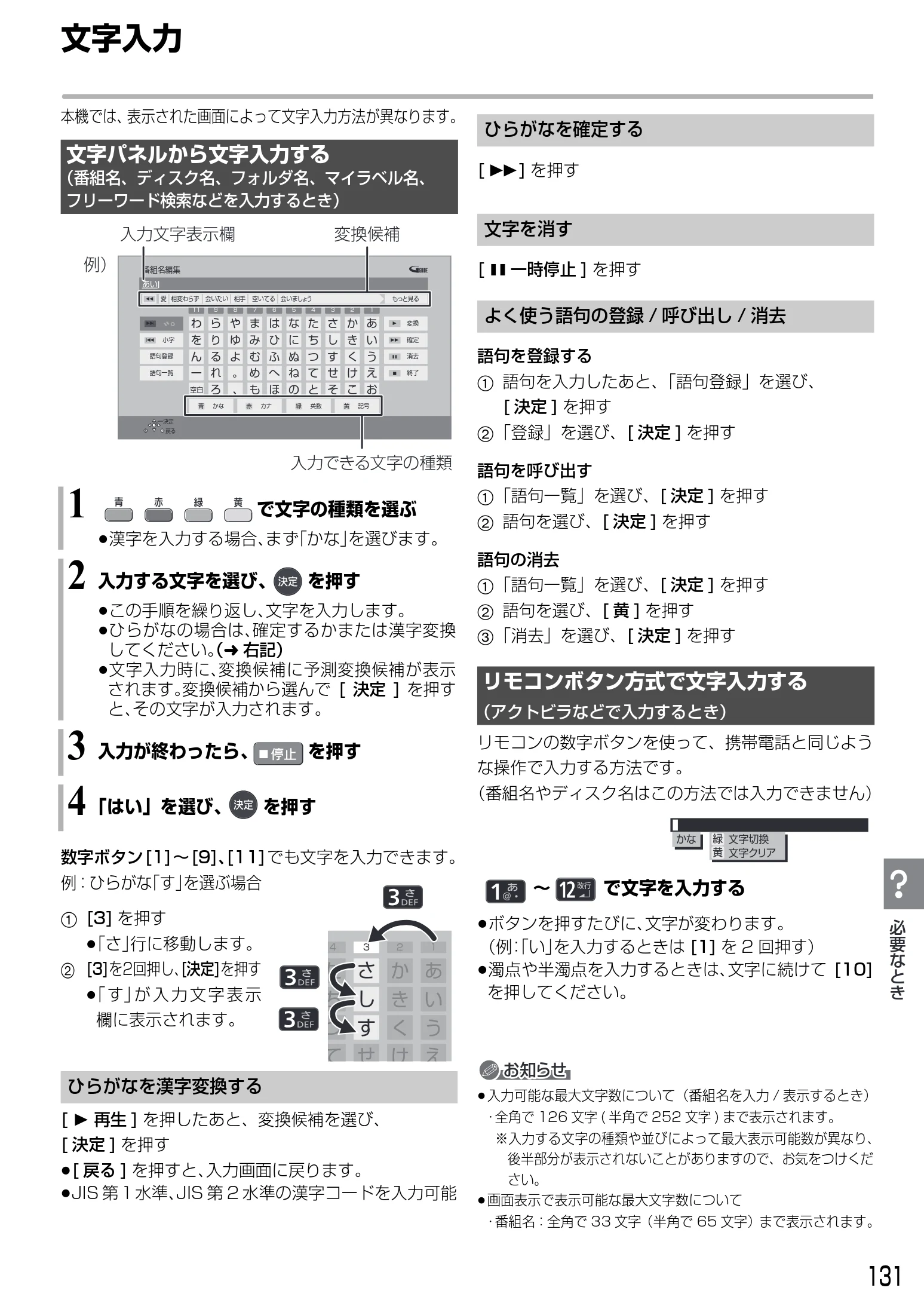 日立 DVL-BRT20 取扱説明書 — 文字入力 — 図版 131-1 — 131ページ