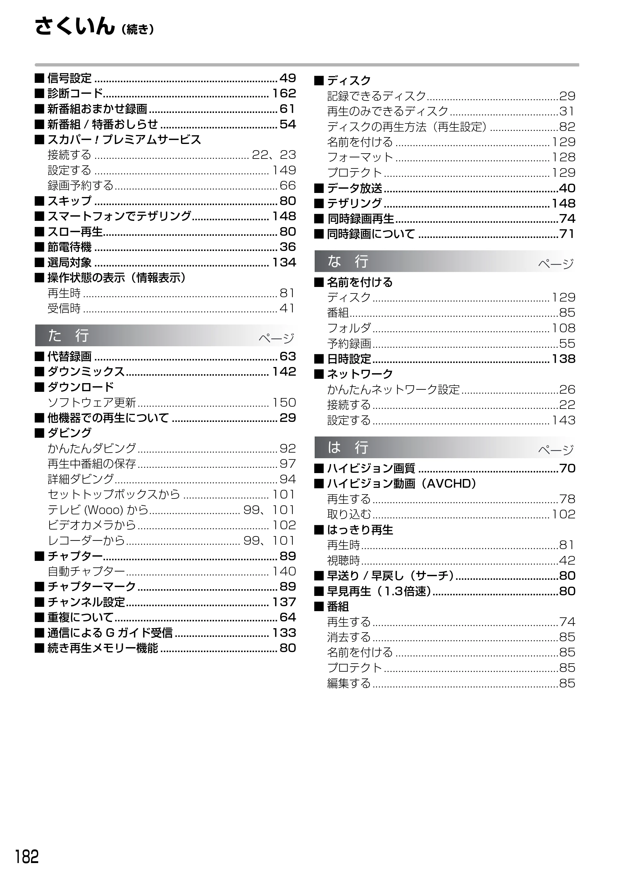 日立 DVL-BRT20 取扱説明書 — さくいん(続き) — 原本ページ — 182ページ