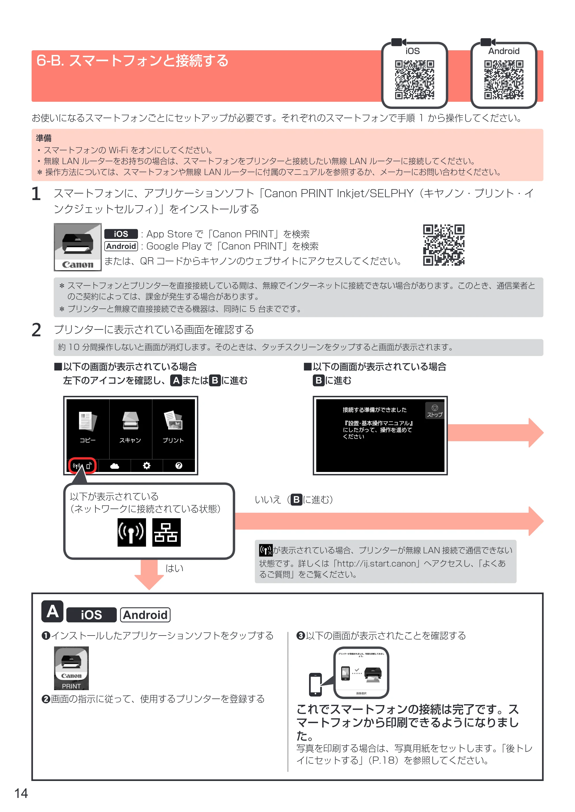 キヤノン PIXUS XK70 設置・基本操作マニュアル（PDF：6.95MB） — 6-B. スマートフォンと接続する — 原本ページ — 16ページ
