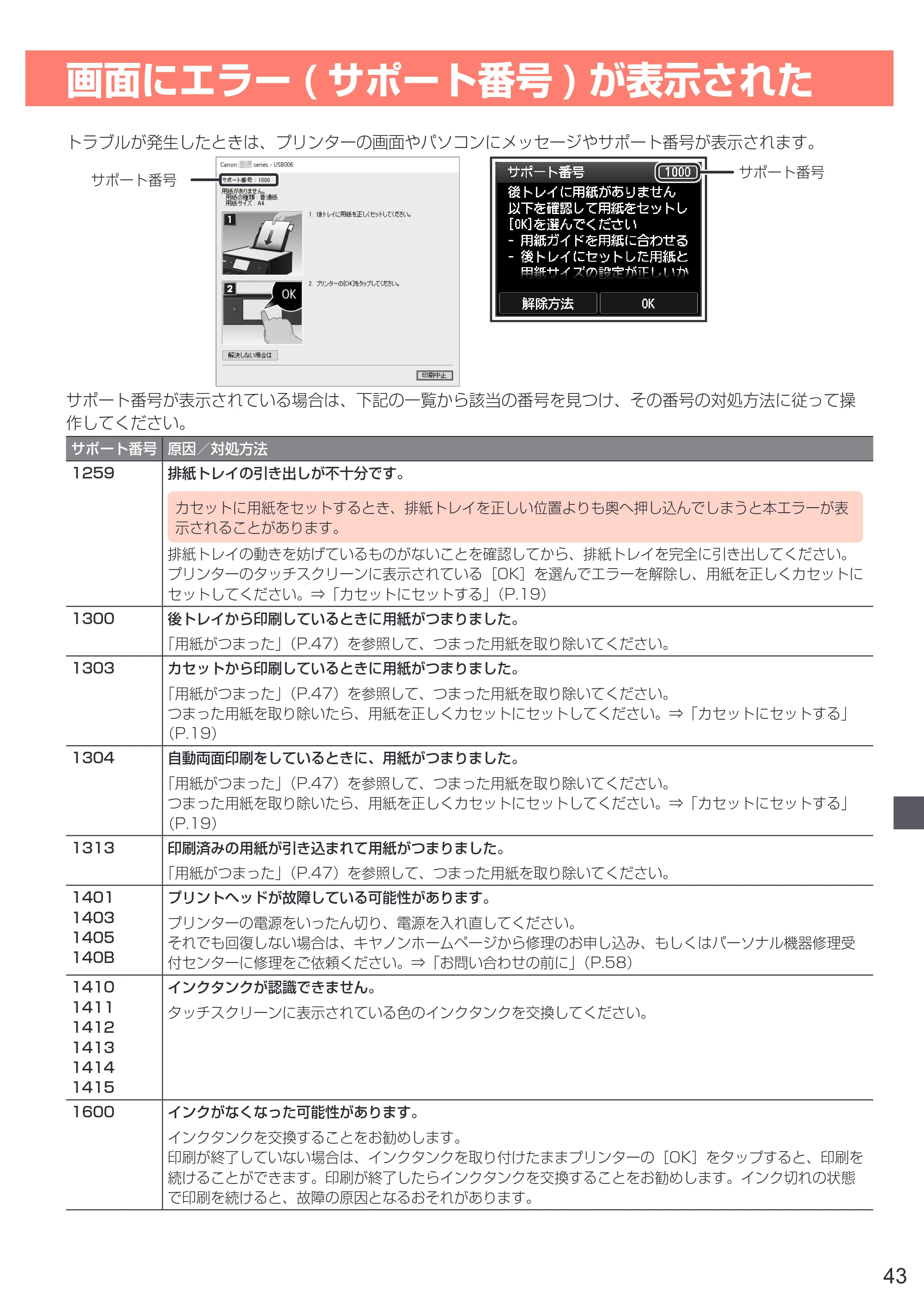 キヤノン PIXUS XK70 設置・基本操作マニュアル（PDF：6.95MB） — 画面にエラー(サポート番号)が表示された — 原本ページ — 45ページ