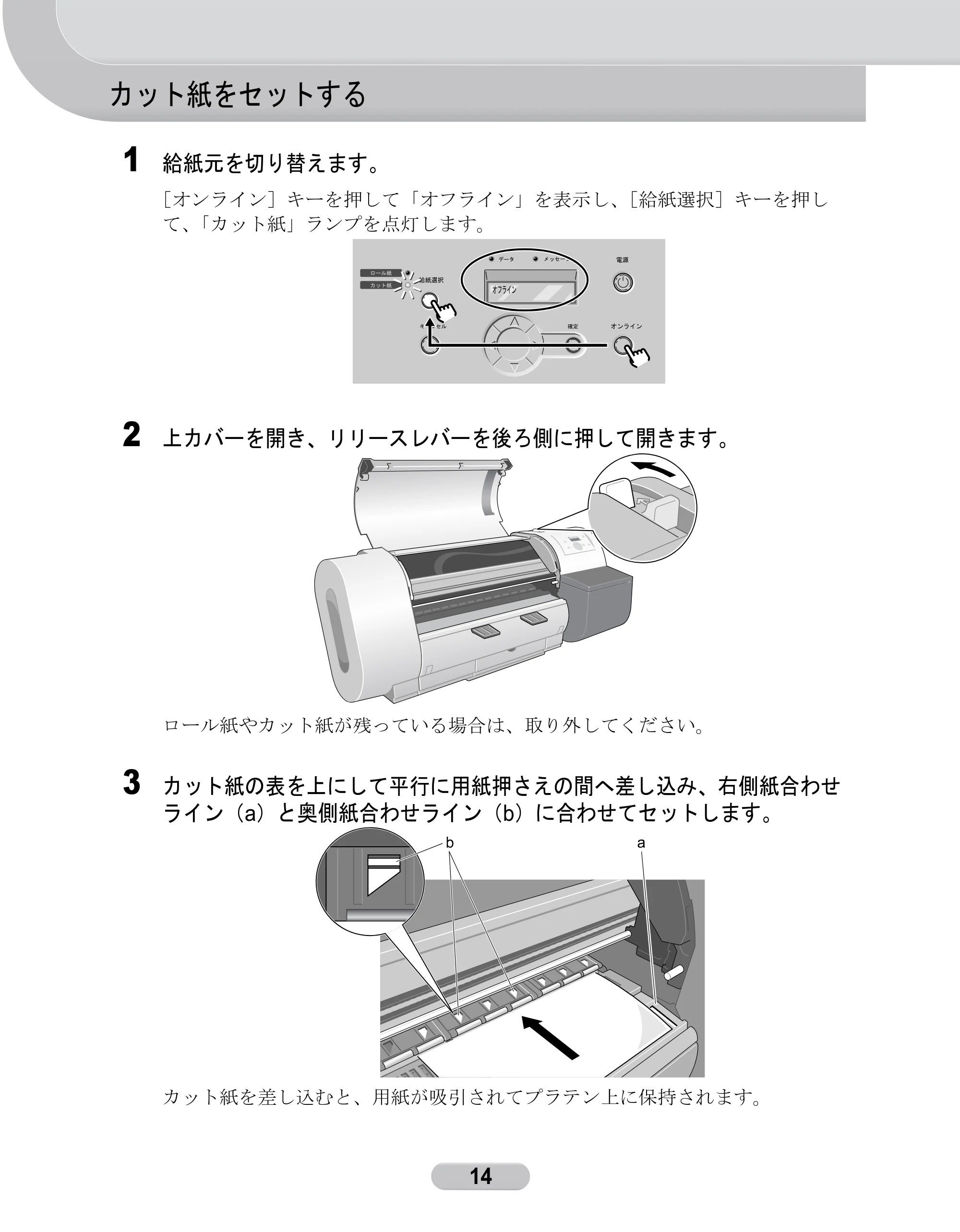 キヤノン W6200 クイックリファレンスガイド (PDF形式/5.55Mバイト) — カット紙をセットする — 原本ページ — 14ページ