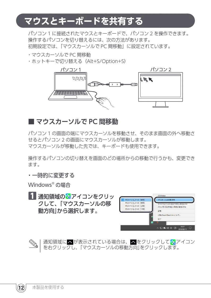 エレコム UC-TV5XBK 取扱説明書 — マウスとキーボードを共有する — 図版 12-1 — 12ページ