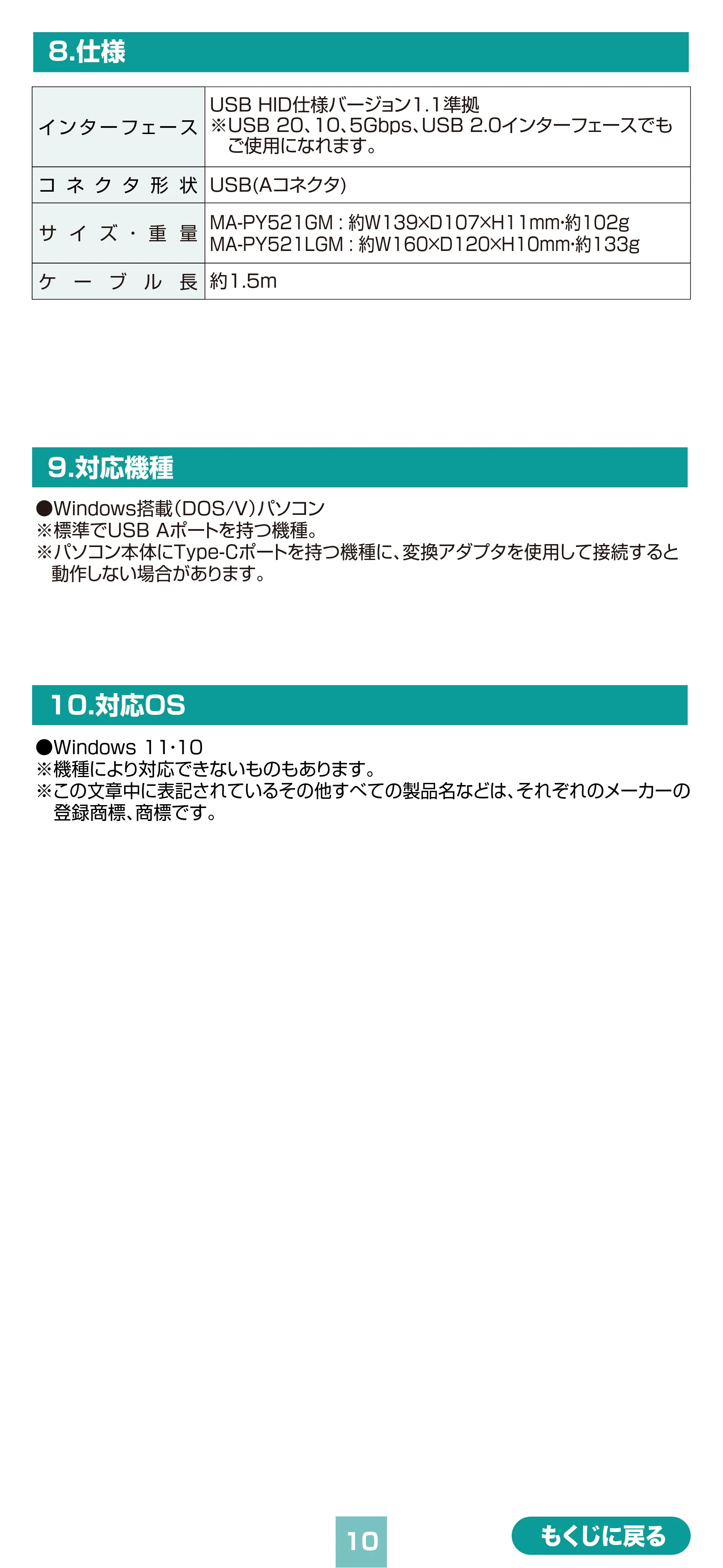 サンワサプライ MA-PY521GM / MA-PY521LGM 取扱説明書 — 原本ページ — 10ページ