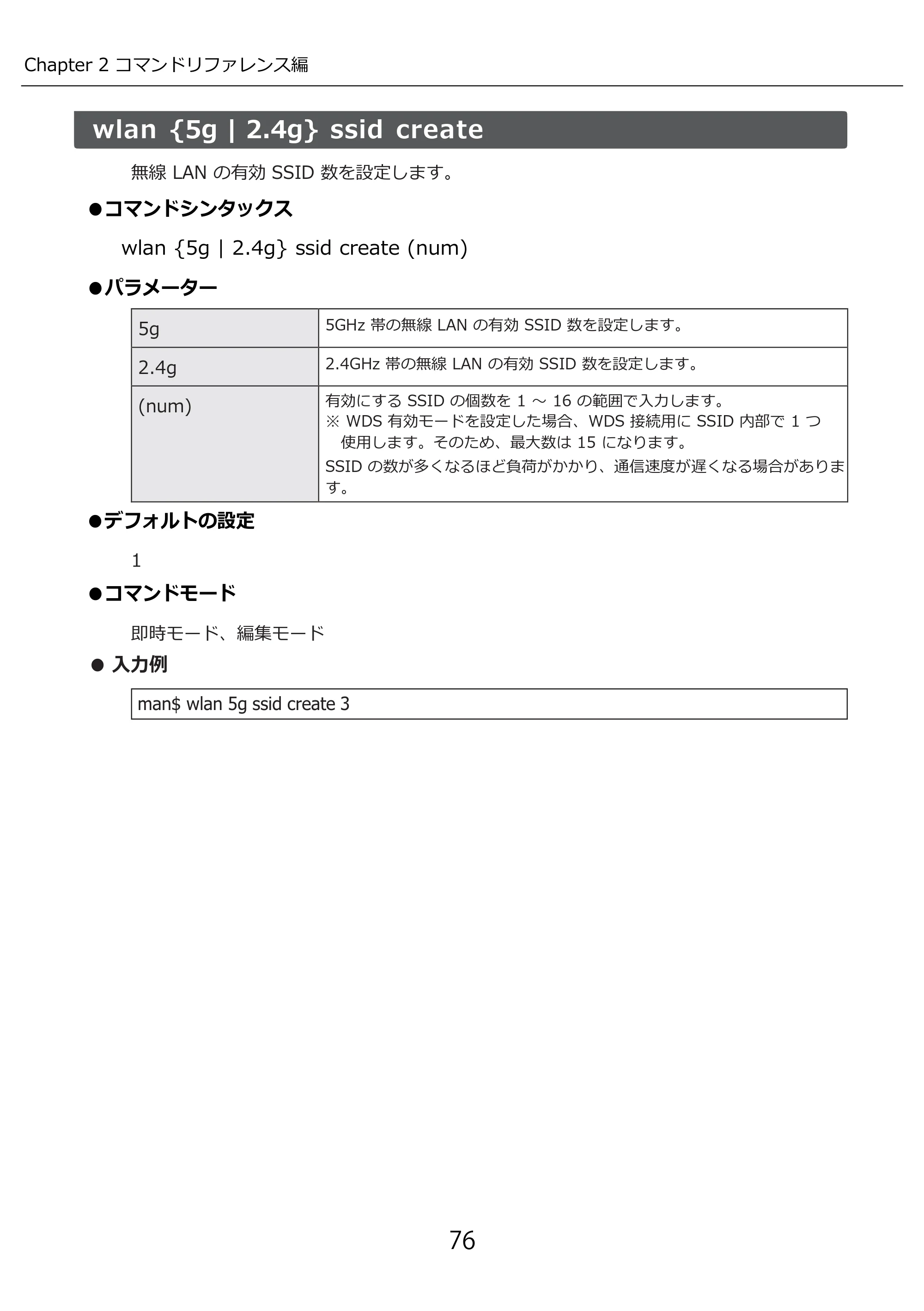 エレコム WAB-I1750-PS 3.コンソール・マニュアル — wlan {5g | 2.4g} ssid create — 原本ページ — 76ページ