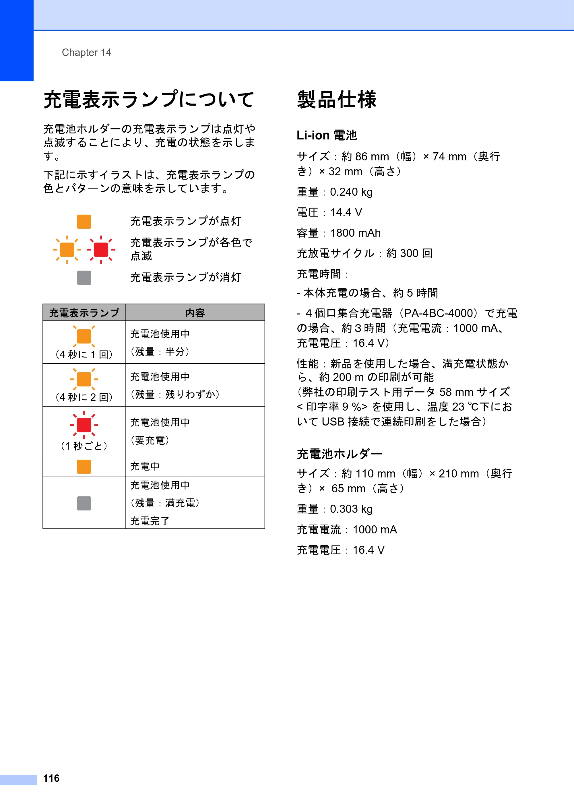 ブラザー TD-2130N/ 2130NSA ユーザーズガイド — 充電表示ランプについて — 原本ページ — 122ページ