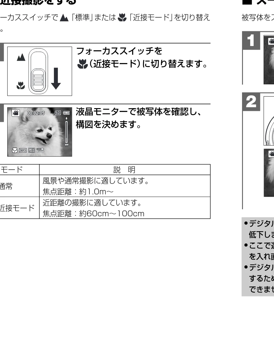 日立 HSC-S1 取扱説明書 — 近接撮影をする — 図版 22-1 — 22ページ