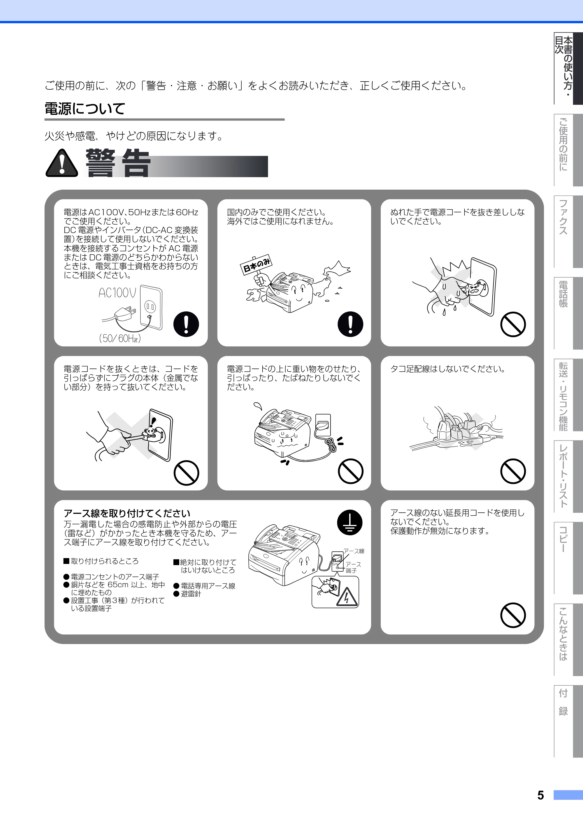 ブラザー FAX-2810 取扱説明書（本体） — 電源について — 原本ページ — 5ページ