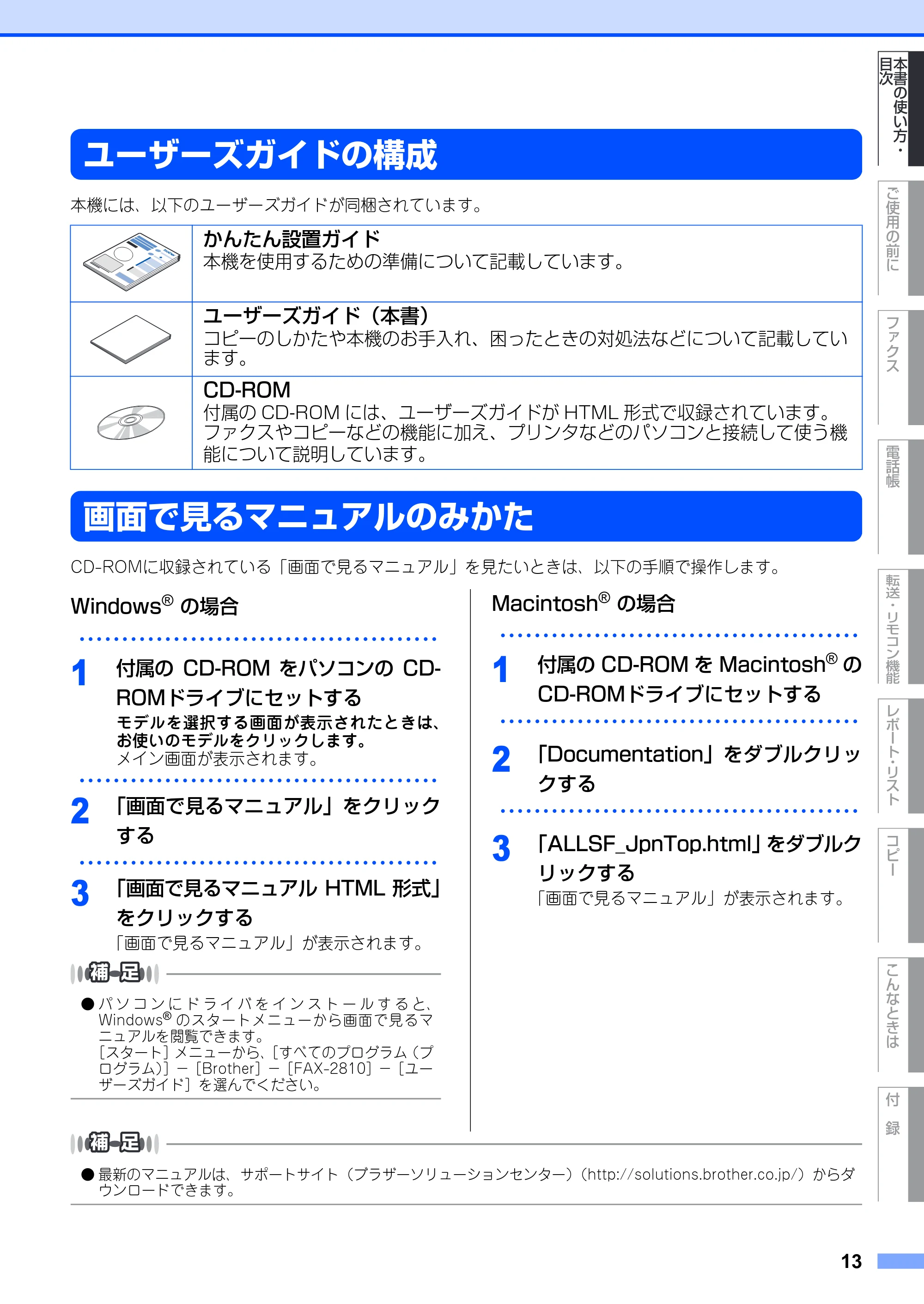 ブラザー FAX-2810 取扱説明書（本体） — ユーザーズガイドの構成 — 原本ページ — 13ページ