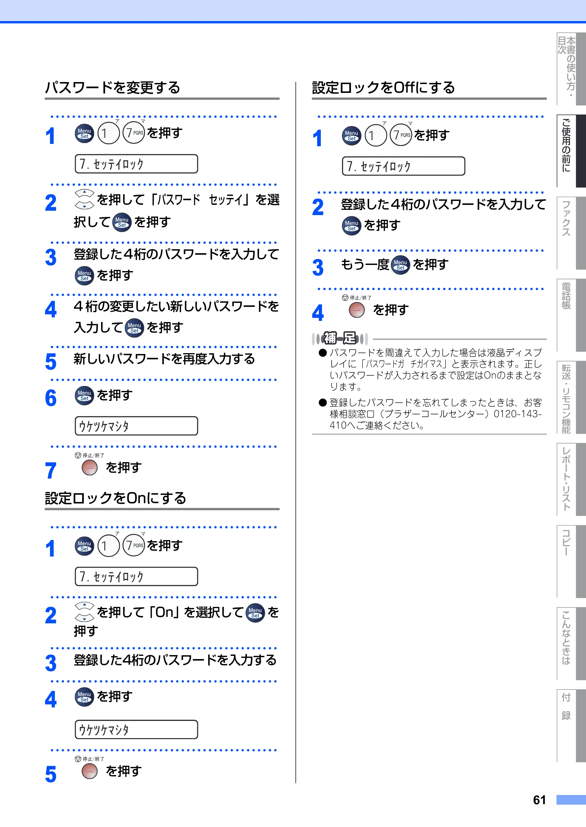 ブラザー FAX-2810 取扱説明書(本体) — パスワードを変更する — 原本ページ — 61ページ