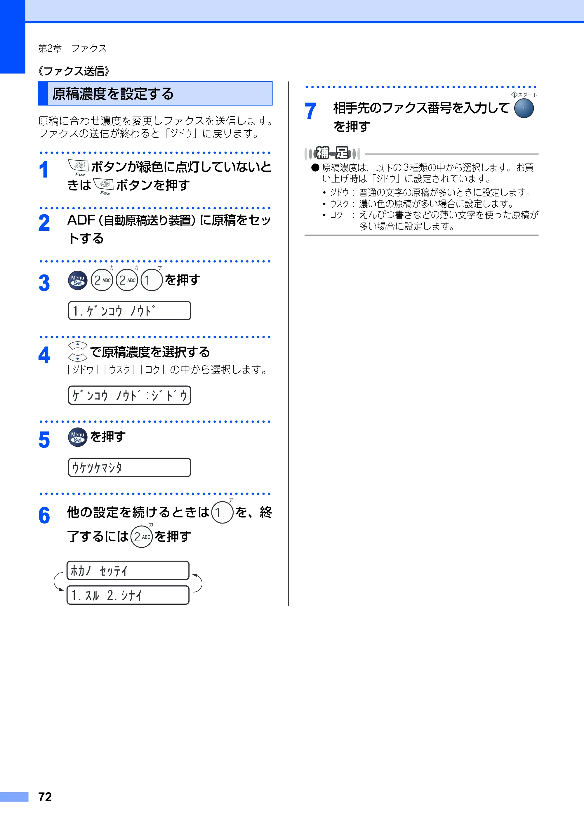 ブラザー FAX-2810 取扱説明書(本体) — 原稿濃度を設定する — 原本ページ — 72ページ
