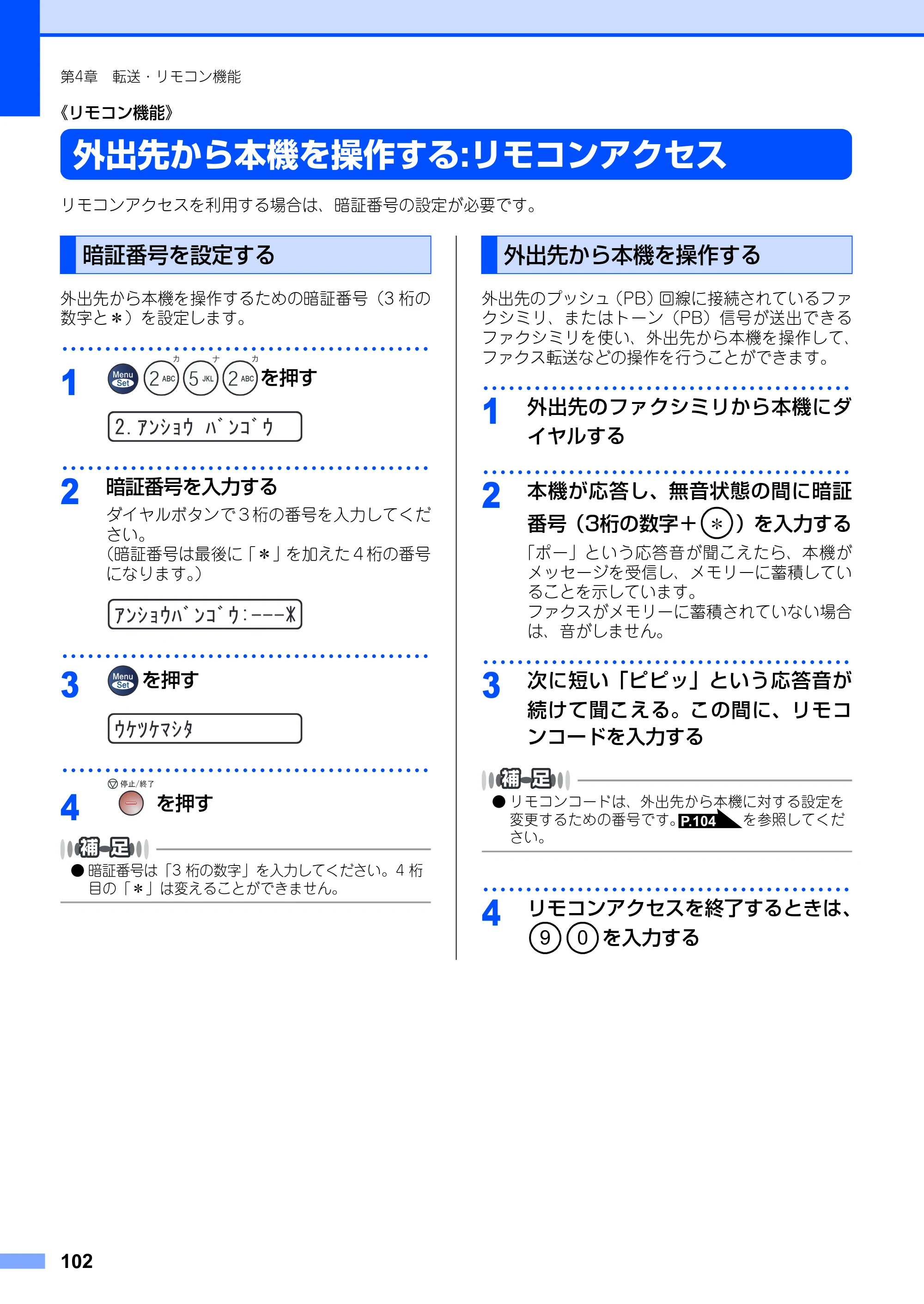 ブラザー FAX-2810 取扱説明書（本体） — 《リモコン機能》 — 原本ページ — 102ページ