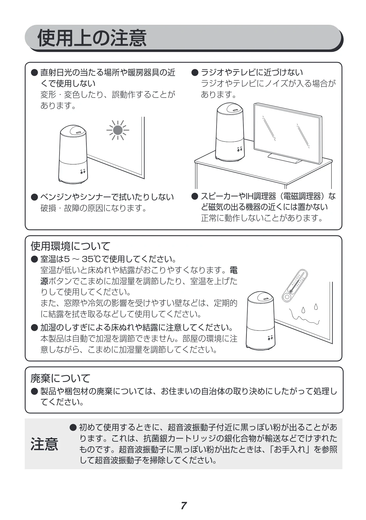 アイリスオーヤマ UHM-280B 取扱説明書 — 使用上の注意 — 図版 7-1 — 7ページ