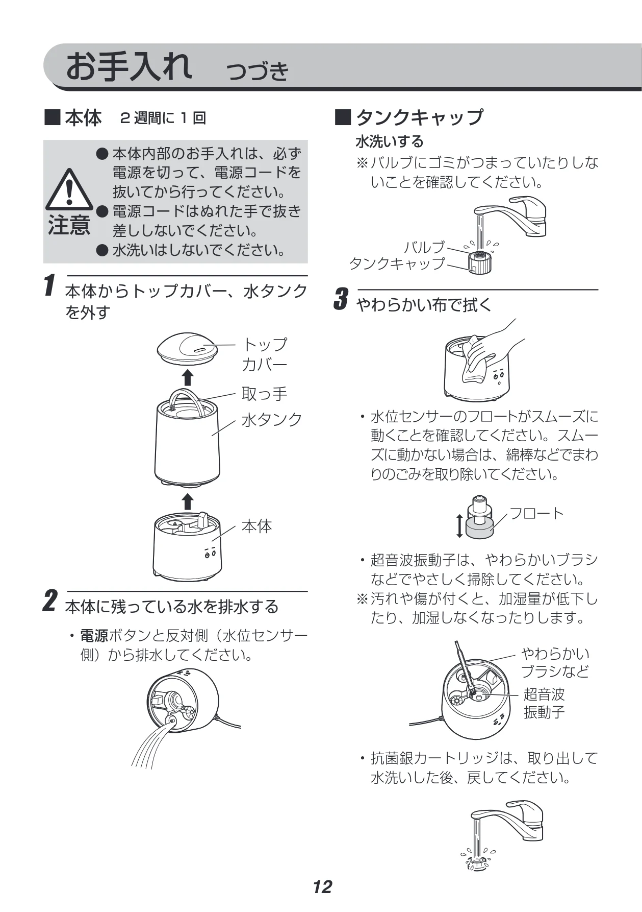 アイリスオーヤマ UHM-280B 取扱説明書 — お手入れ つづき — 図版 12-1 — 12ページ