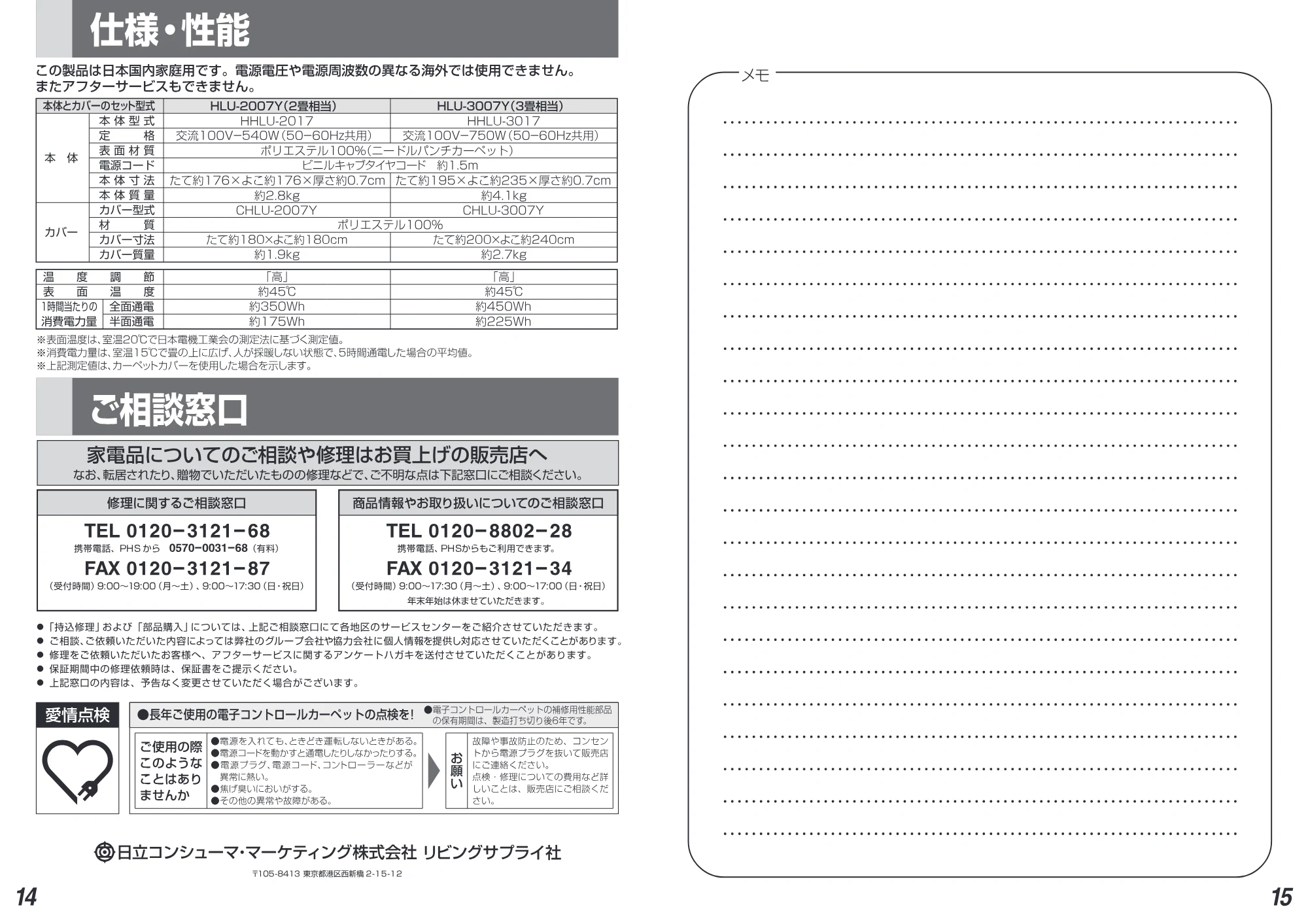 日立 HLU-3007Y / HLU-2007Y 取扱説明書 — 17 HLU-2007Y取説P14-15 — 原本ページ — 8ページ