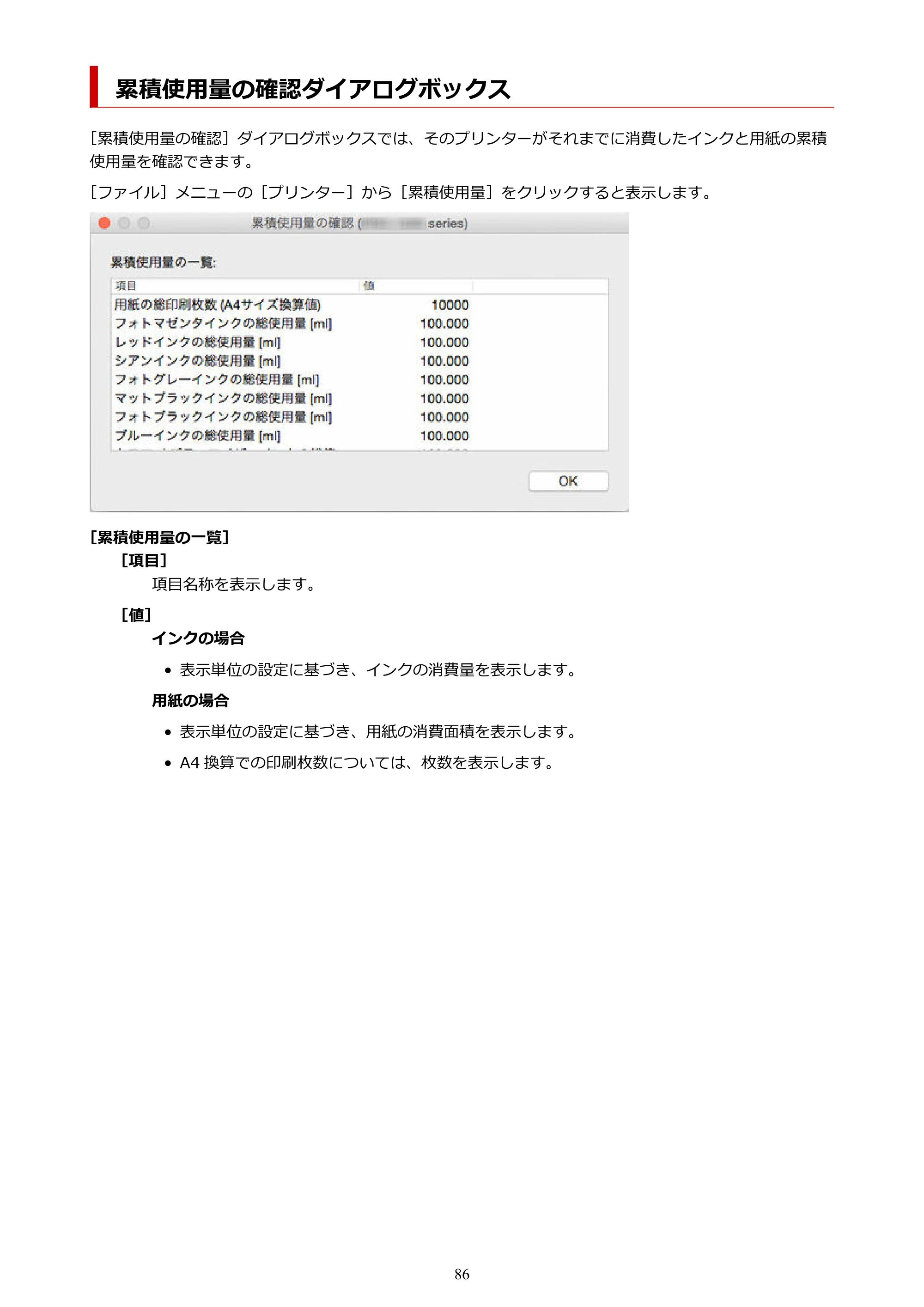 キヤノン PRO-1000 / PRO-1100 / PRO-2000 Accounting Manager ガイド（Mac版）2025年7月3日掲載（PDF：1.79MB） — 累積使用量の確認ダイアログボックス — 原本ページ — 86ページ