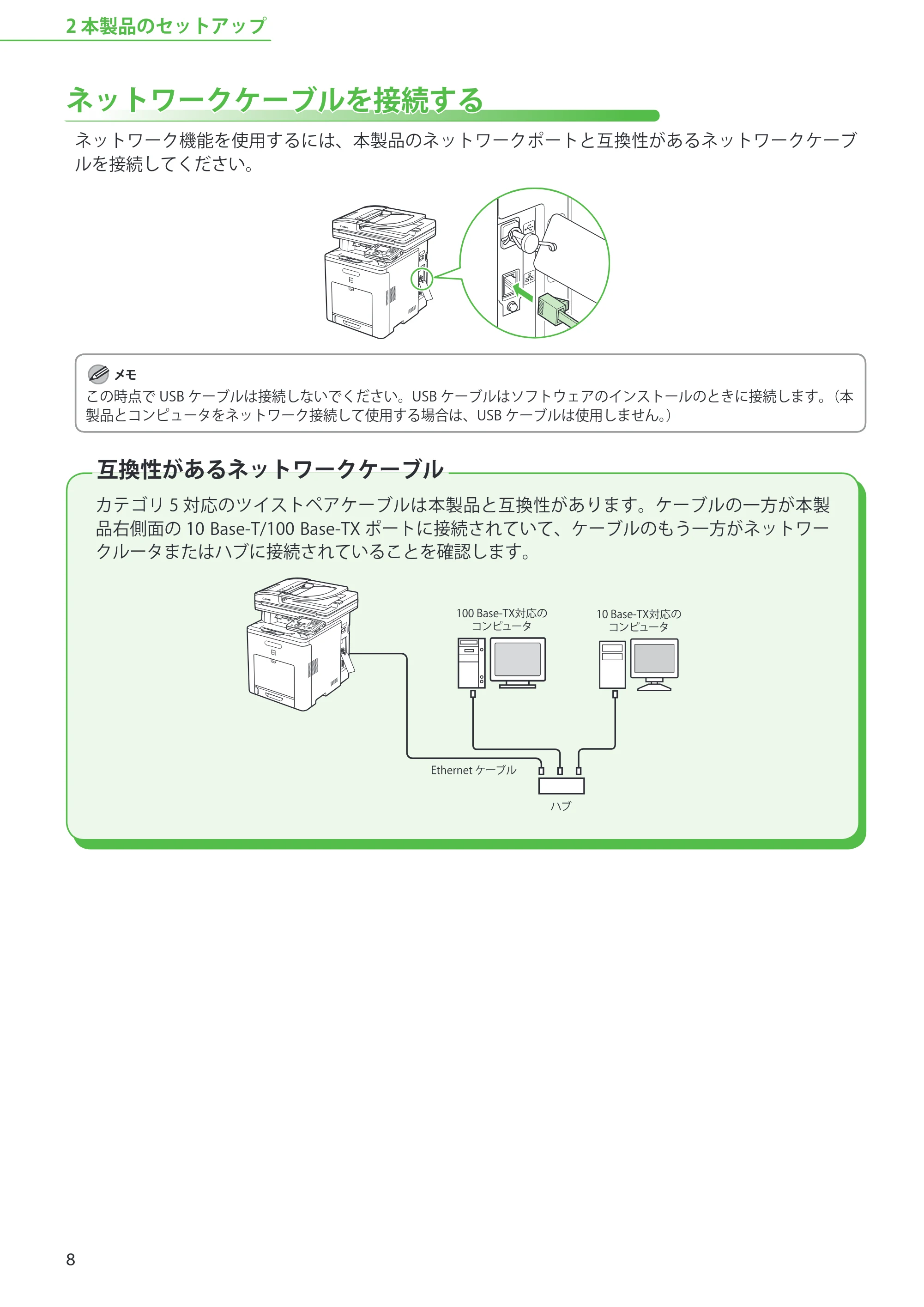 キヤノン MF9220Cdn スタートアップガイド 2011年5月12日更新 （PDF形式／5.87Mバイト） — ネットワークケーブルを接続する — 原本ページ — 10ページ