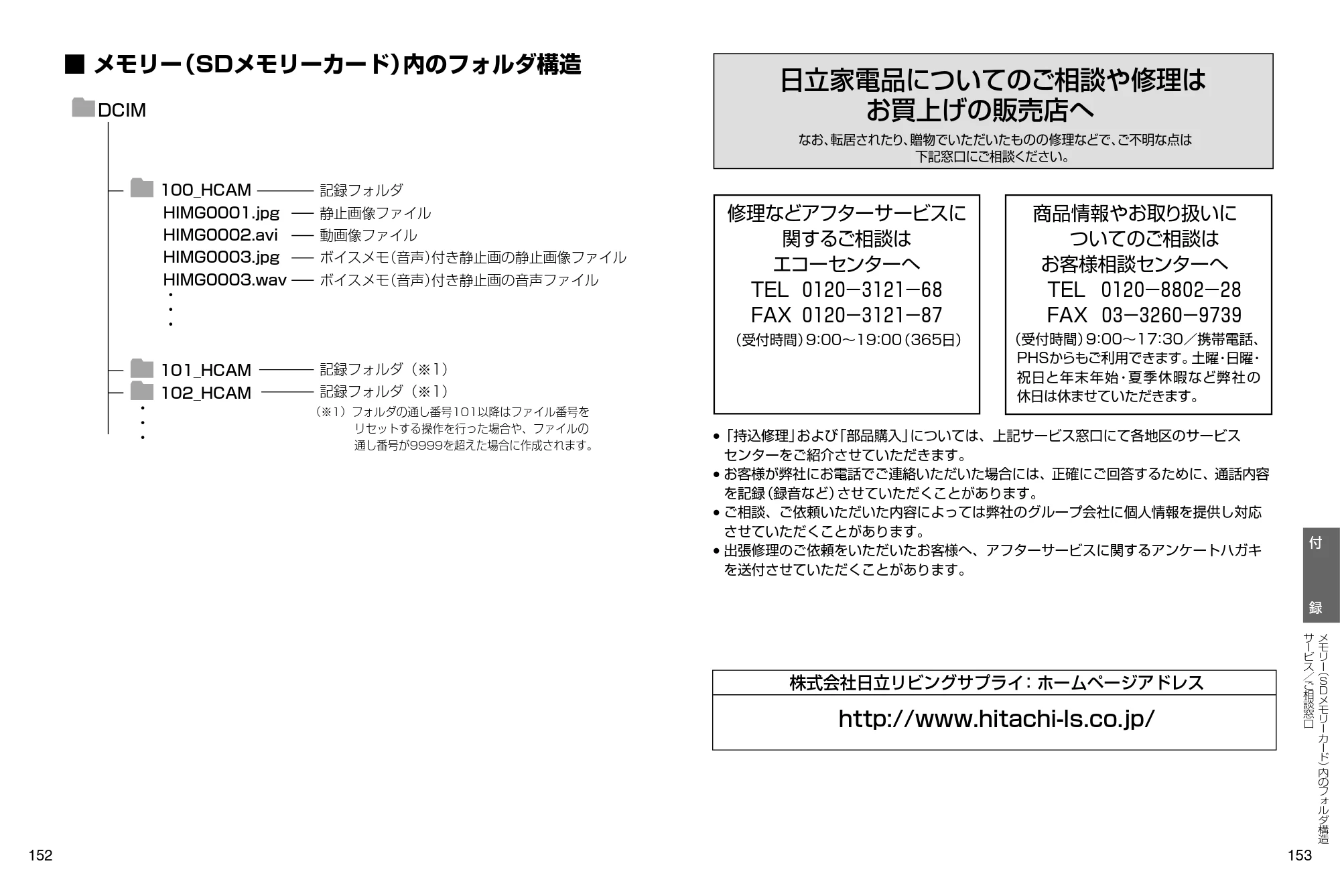 日立 HDC-841 取扱説明書 — メモリー（SD メモリーカード）内のフォルダ構造 — 原本ページ — 77ページ