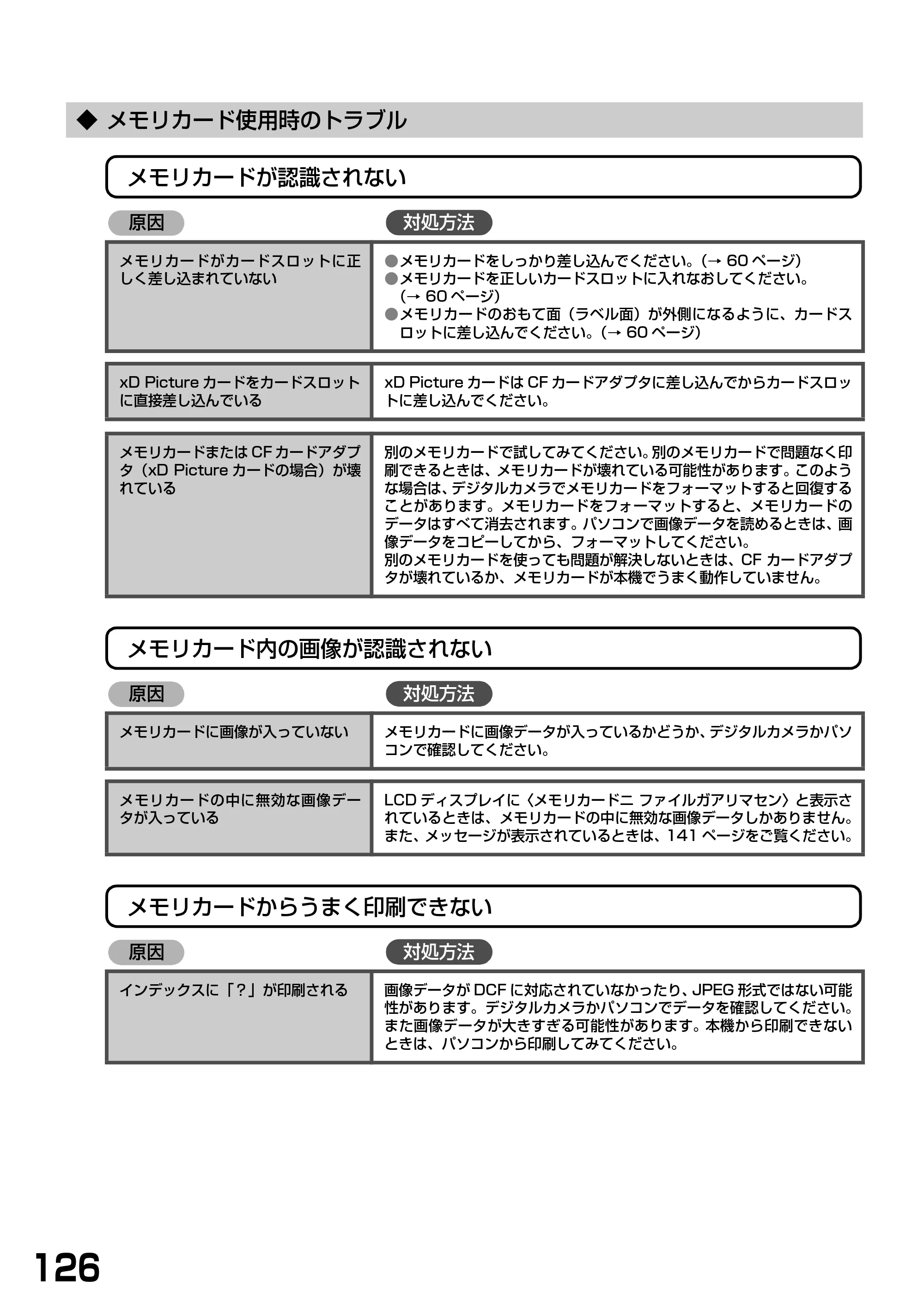 キヤノン PIXUS MP375R 基本操作ガイド （PDF形式／5.64Mバイト） — ◆ メモリカード使用時のトラブル — 原本ページ — 128ページ