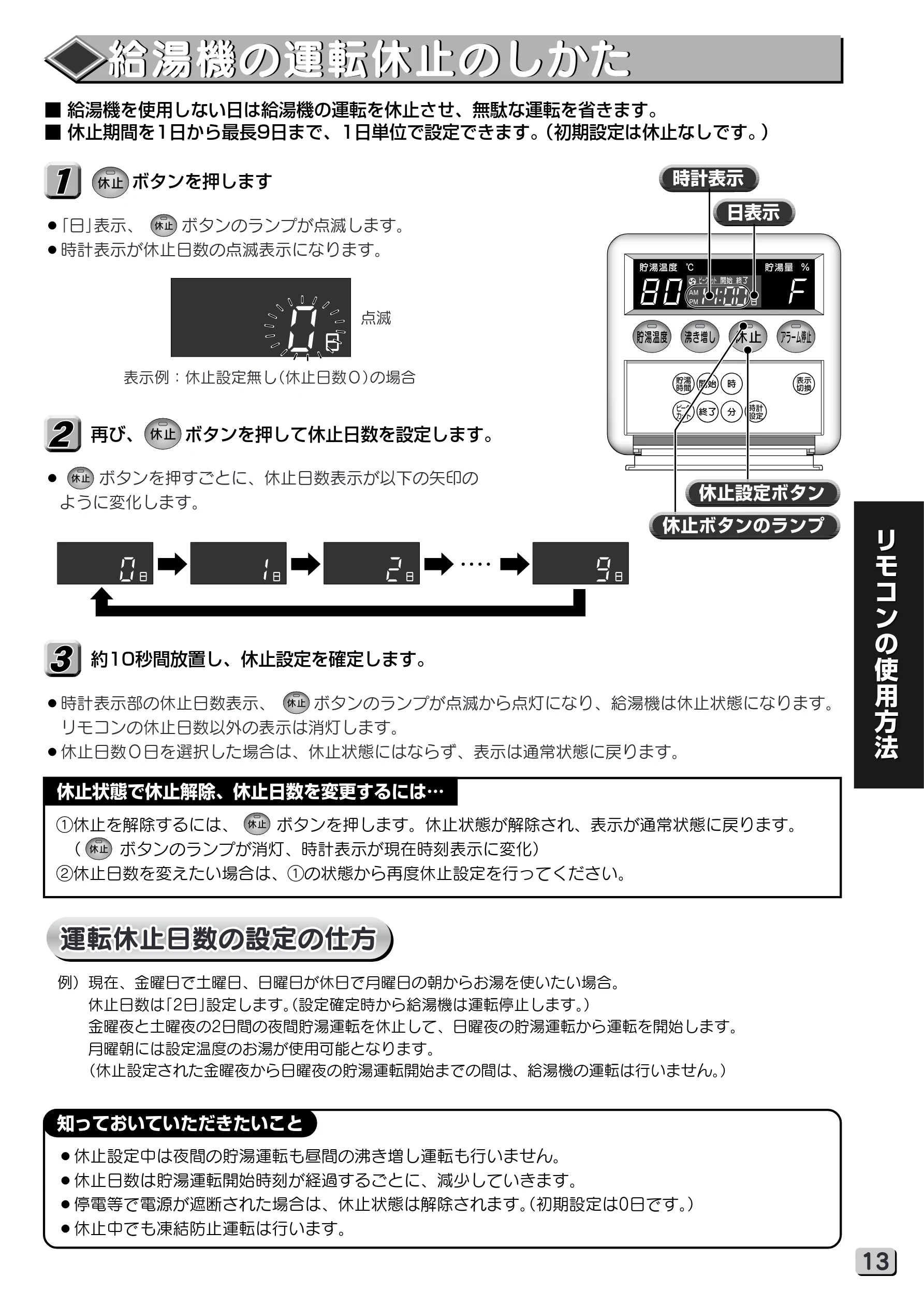 日立 RHK-15XJ 取扱説明書 — 給湯機の運転休止のしかた — 図版 13-1 — 13ページ
