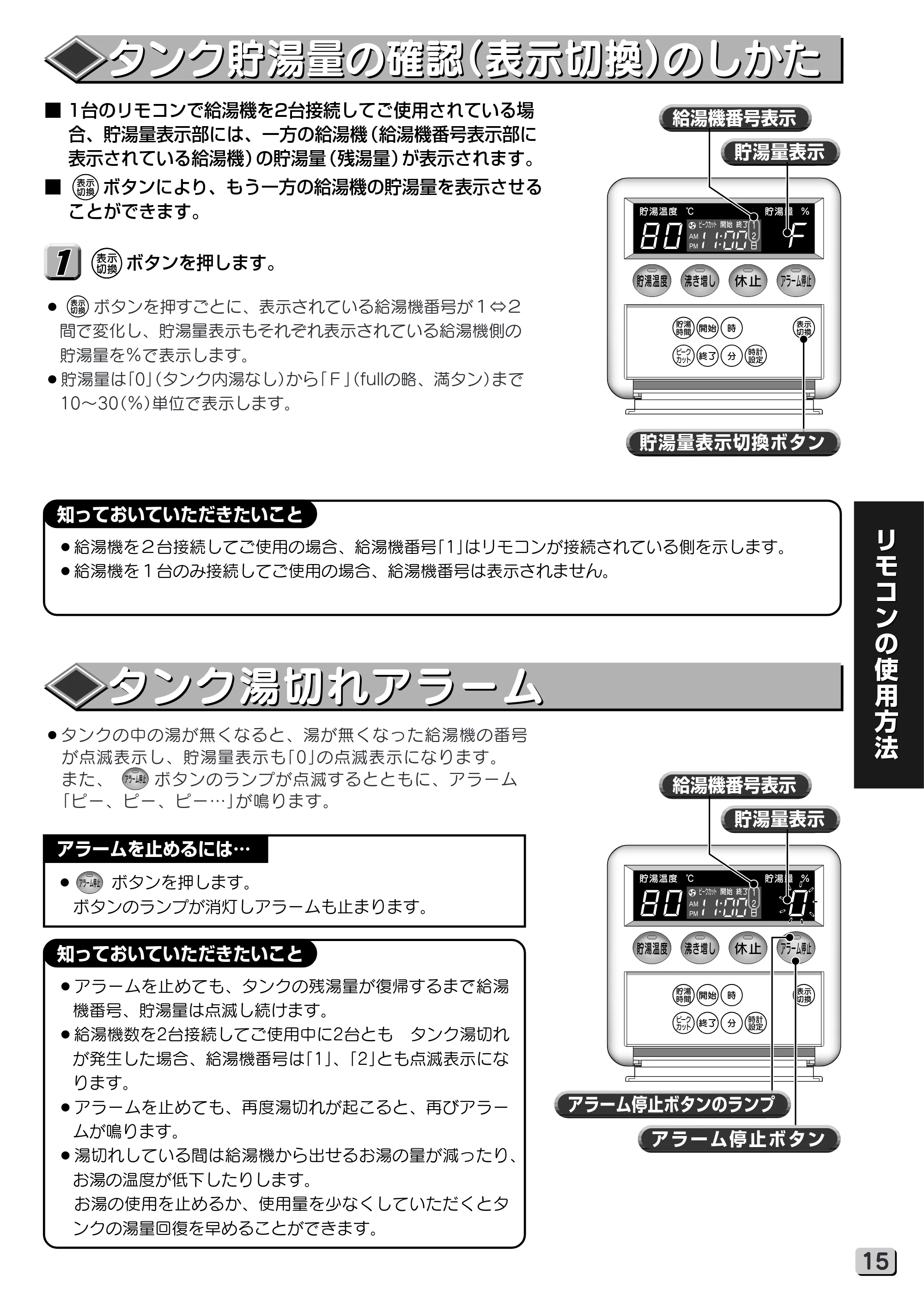 日立 RHK-15XJ 取扱説明書 — タンク貯湯量の確認(表示切換)のしかた — 原本ページ — 15ページ