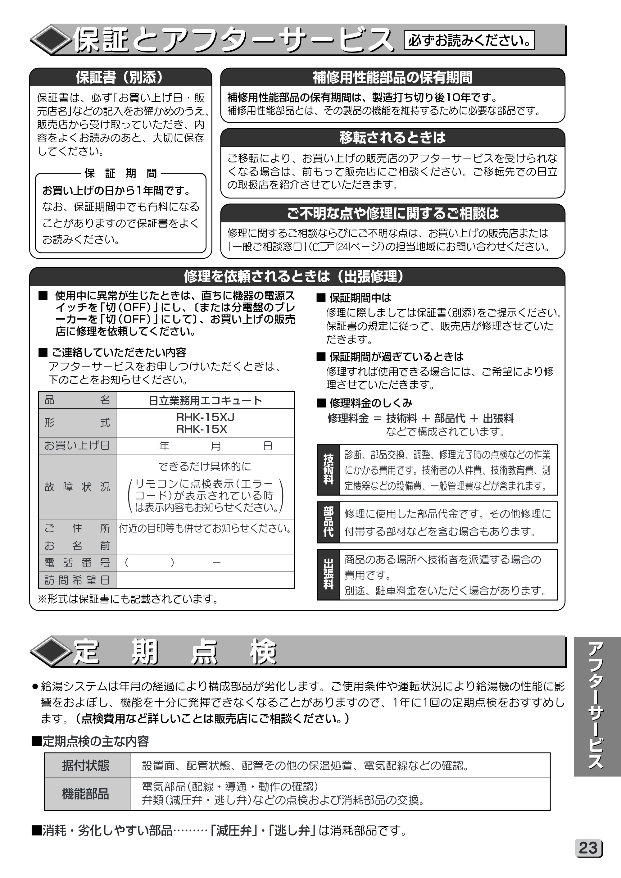 日立 RHK-15XJ 取扱説明書 — 保証とアフターサービス — 原本ページ — 23ページ