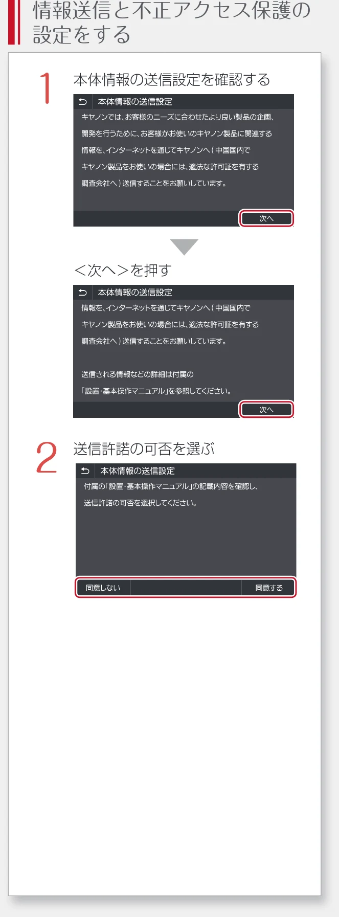 キヤノン WG7350F/7350FM WG7300 series 設置・基本操作マニュアル 2019年4月11日更新(PDF:16.1MB) — 情報送信と不正アクセス保護の 設定をする — 図版 9-1 — 9ページ