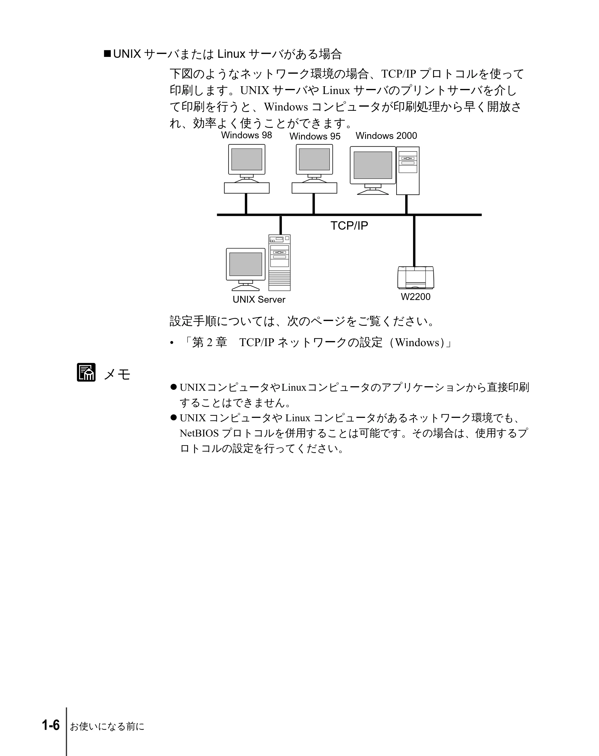 キヤノン W2200 ネットワークガイド （PDF形式／3.68Mバイト） — UNIXサーバまたはLinuxサーバがある場合 — 原本ページ — 16ページ