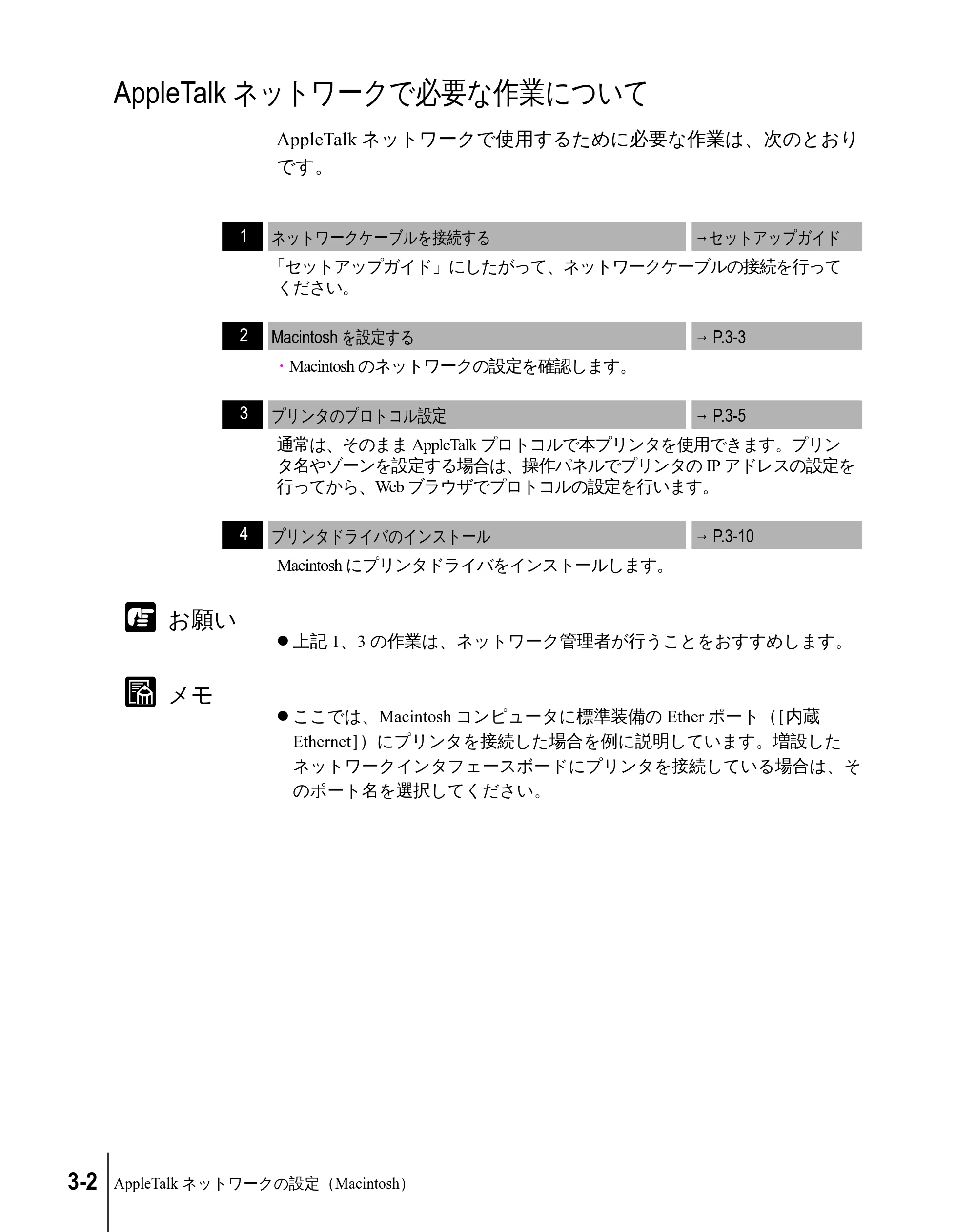 キヤノン W2200 ネットワークガイド （PDF形式／3.68Mバイト） — AppleTalkネットワークで必要な作業について — 原本ページ — 62ページ
