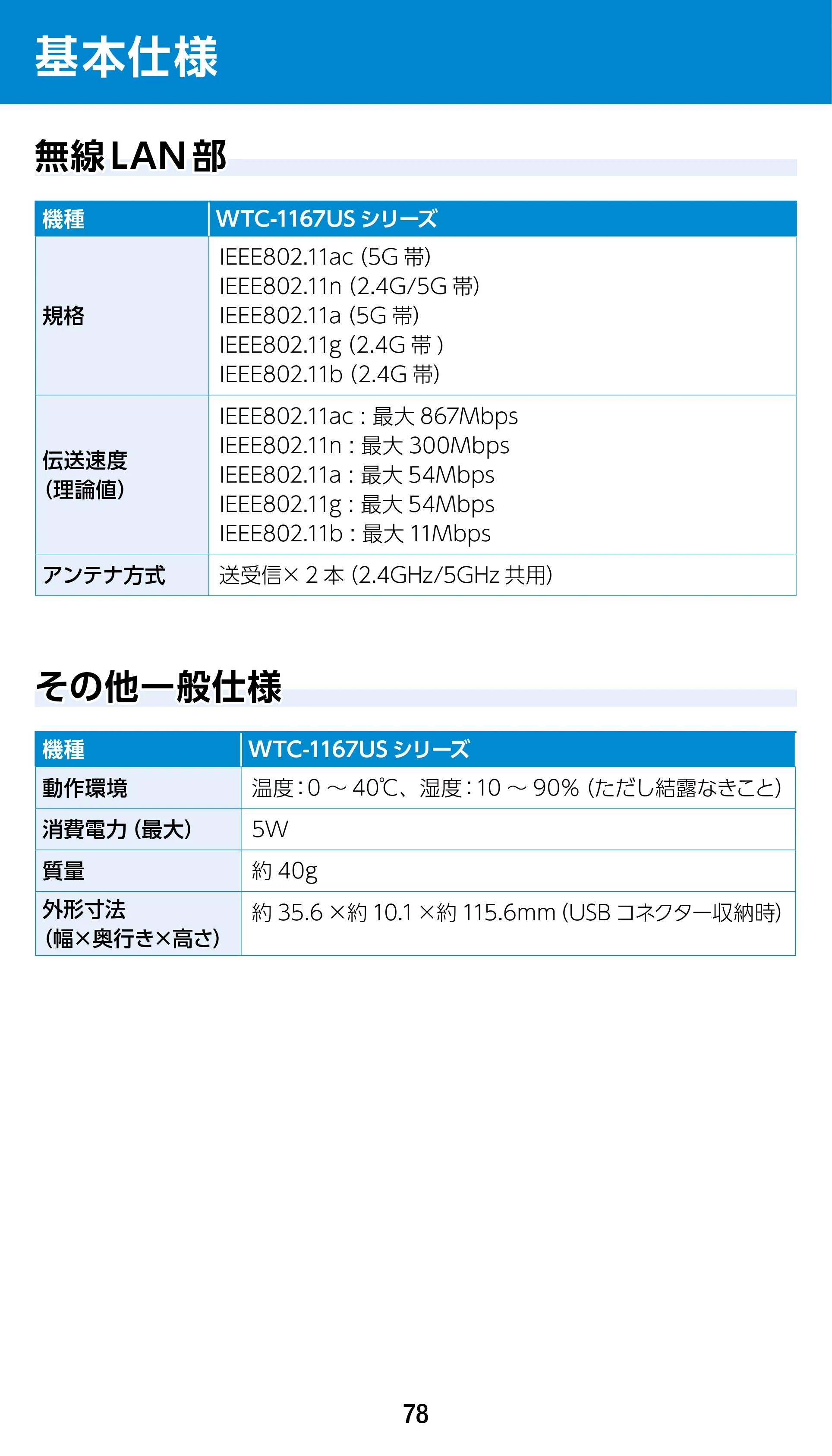 エレコム WTC-1167US-B 3.ユーザーズマニュアル — 基本仕様 — 原本ページ — 78ページ