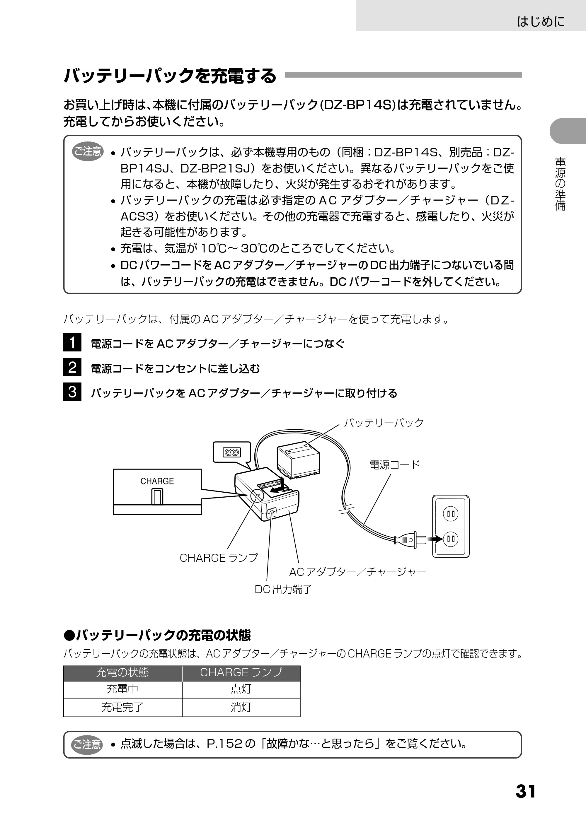 日立 DZ-GX5300 取扱説明書 — バッテリーパックを充電する — 原本ページ — 31ページ