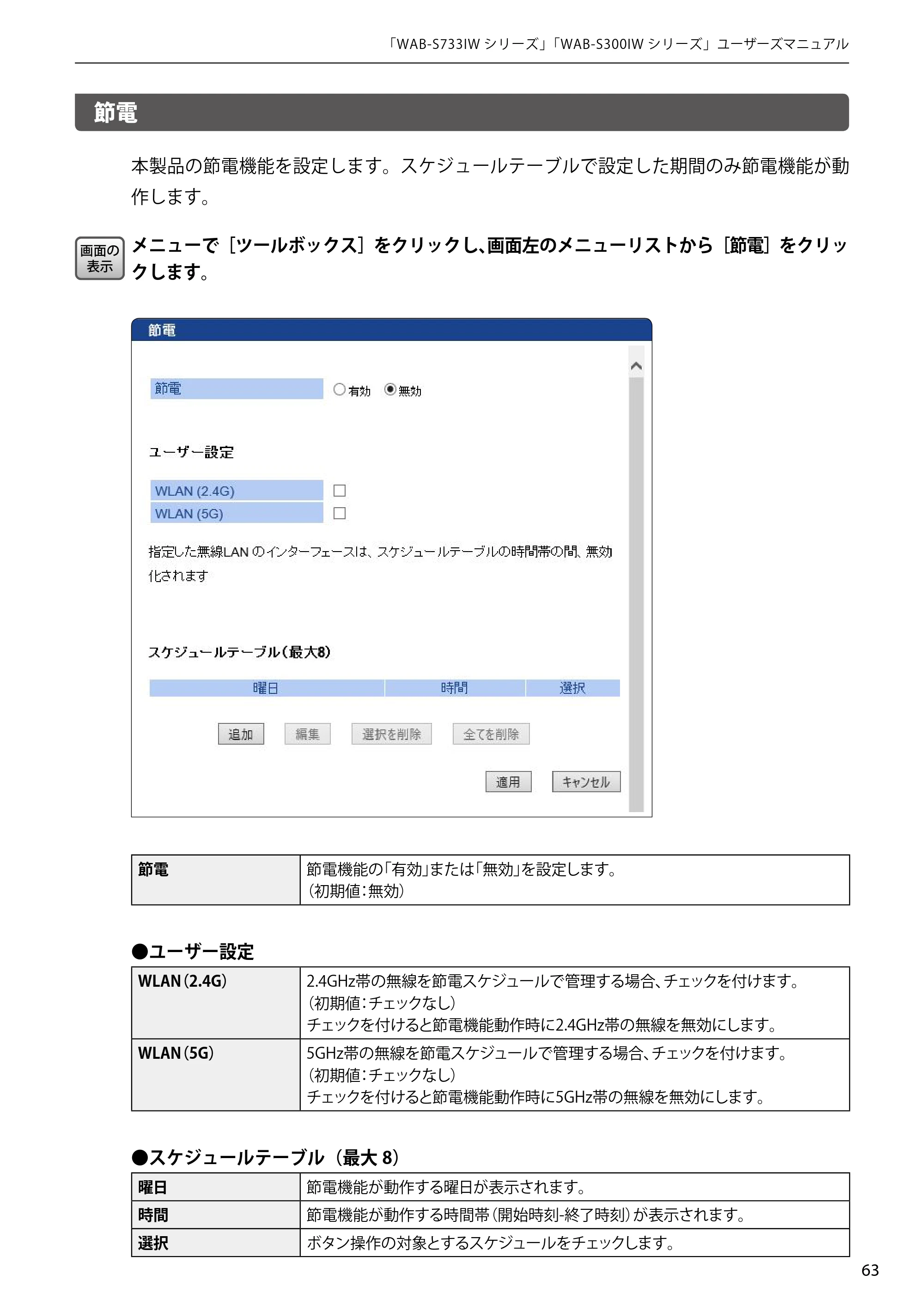 エレコム WAB-S300IW2-PD 2.ユーザーズマニュアル — 節電 — 原本ページ — 63ページ