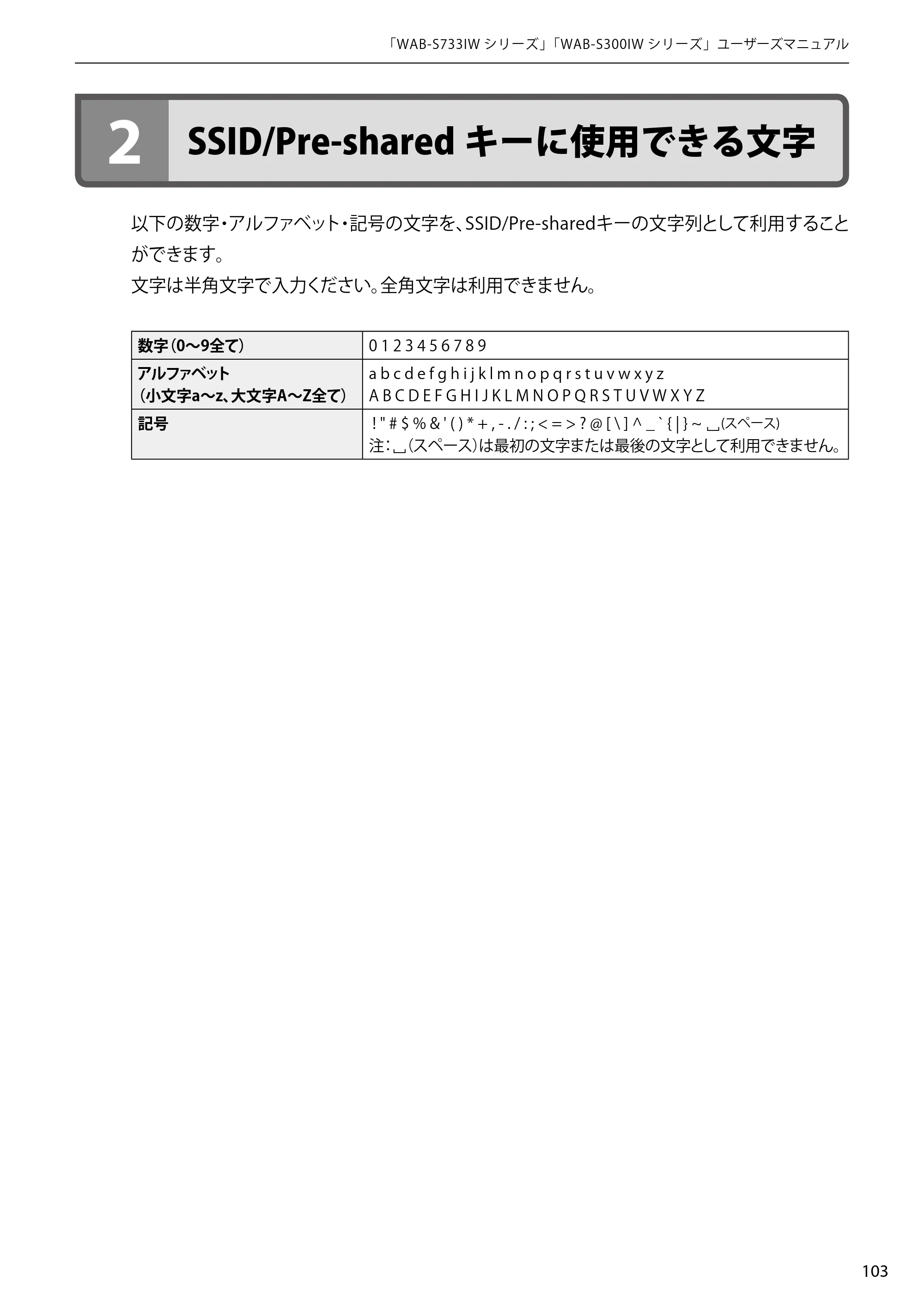 エレコム WAB-S300IW2-PD 2.ユーザーズマニュアル — 2 SSID/Pre-sharedキーに使用できる文字 — 原本ページ — 103ページ