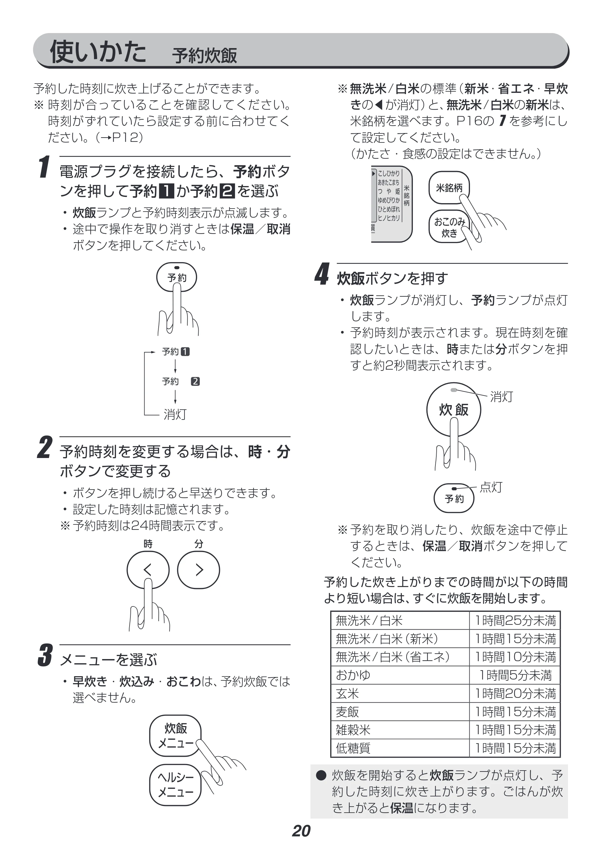 アイリスオーヤマ RC-IK10 取扱説明書 — 使いかた 予約炊飯 — 原本ページ — 20ページ