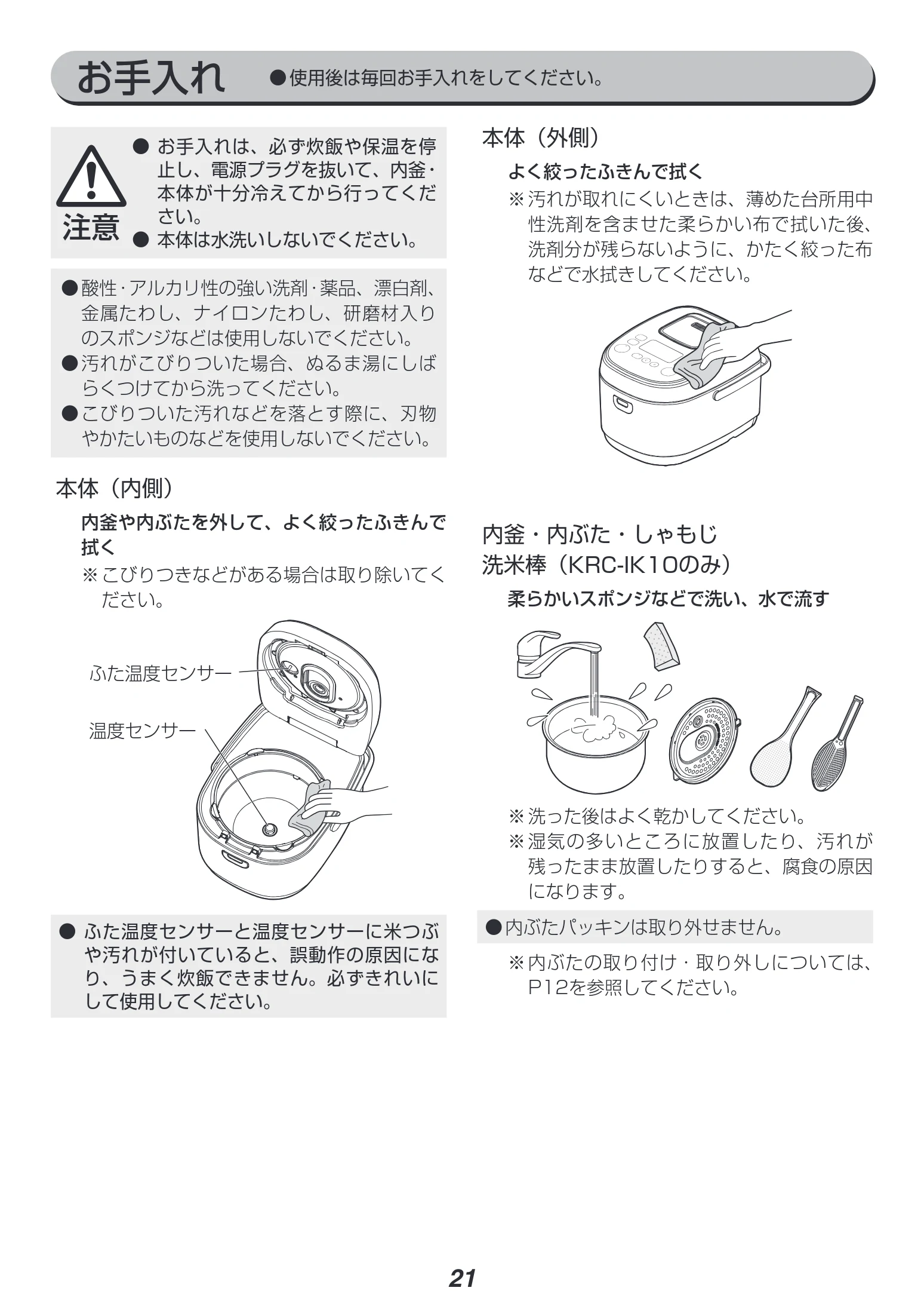 アイリスオーヤマ RC-IK10 取扱説明書 — お手入れ — 図版 21-1 — 21ページ