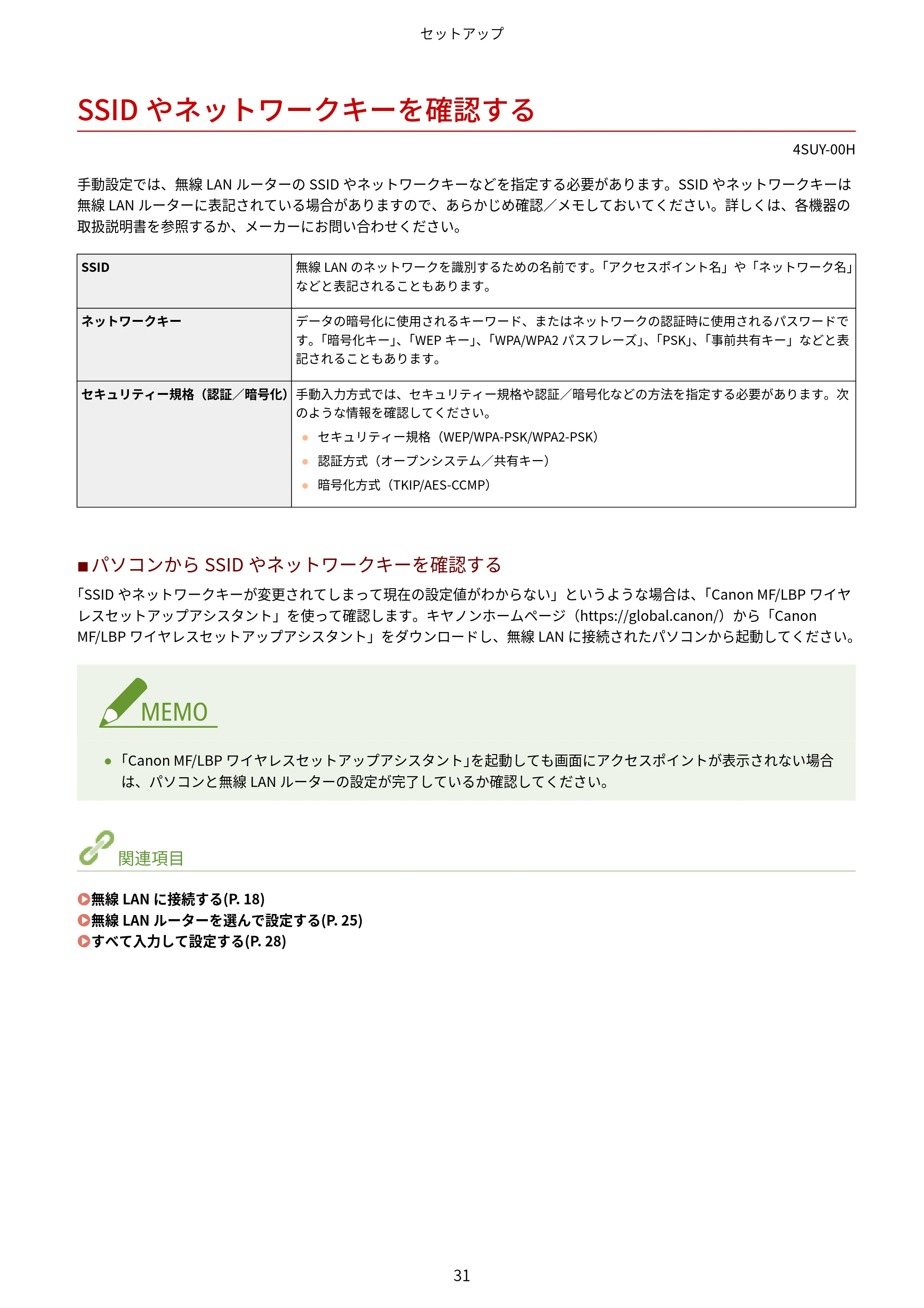 キヤノン MF447dw ユーザーズガイド 2026年6月25日更新(PDF:7.19MB) — SSIDやネットワークキーを確認する — 原本ページ — 39ページ