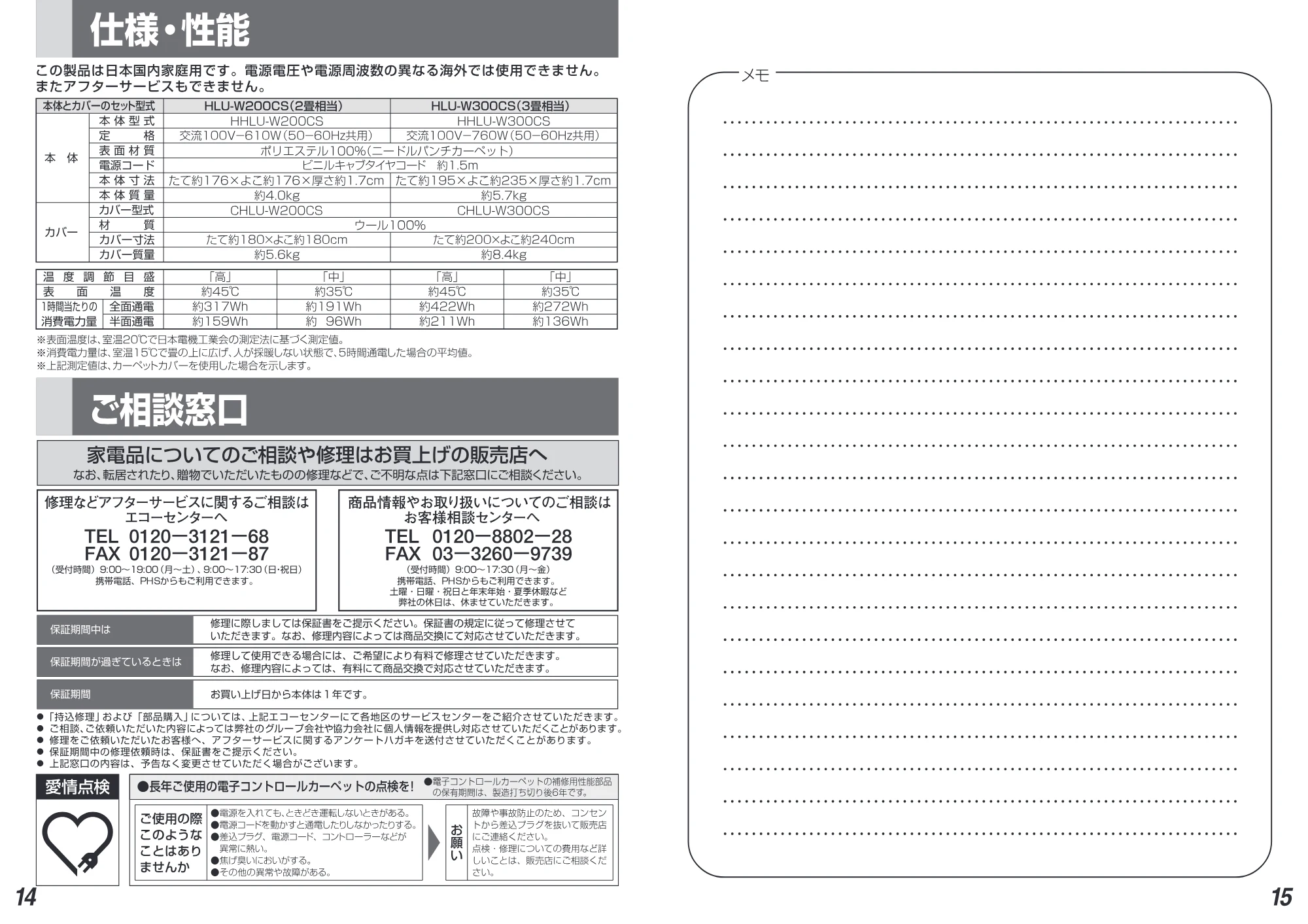 日立 HLU-W300CS 取扱説明書 — 保証期間 お買い 上げ日から本 体は1年 です。 — 原本ページ — 8ページ