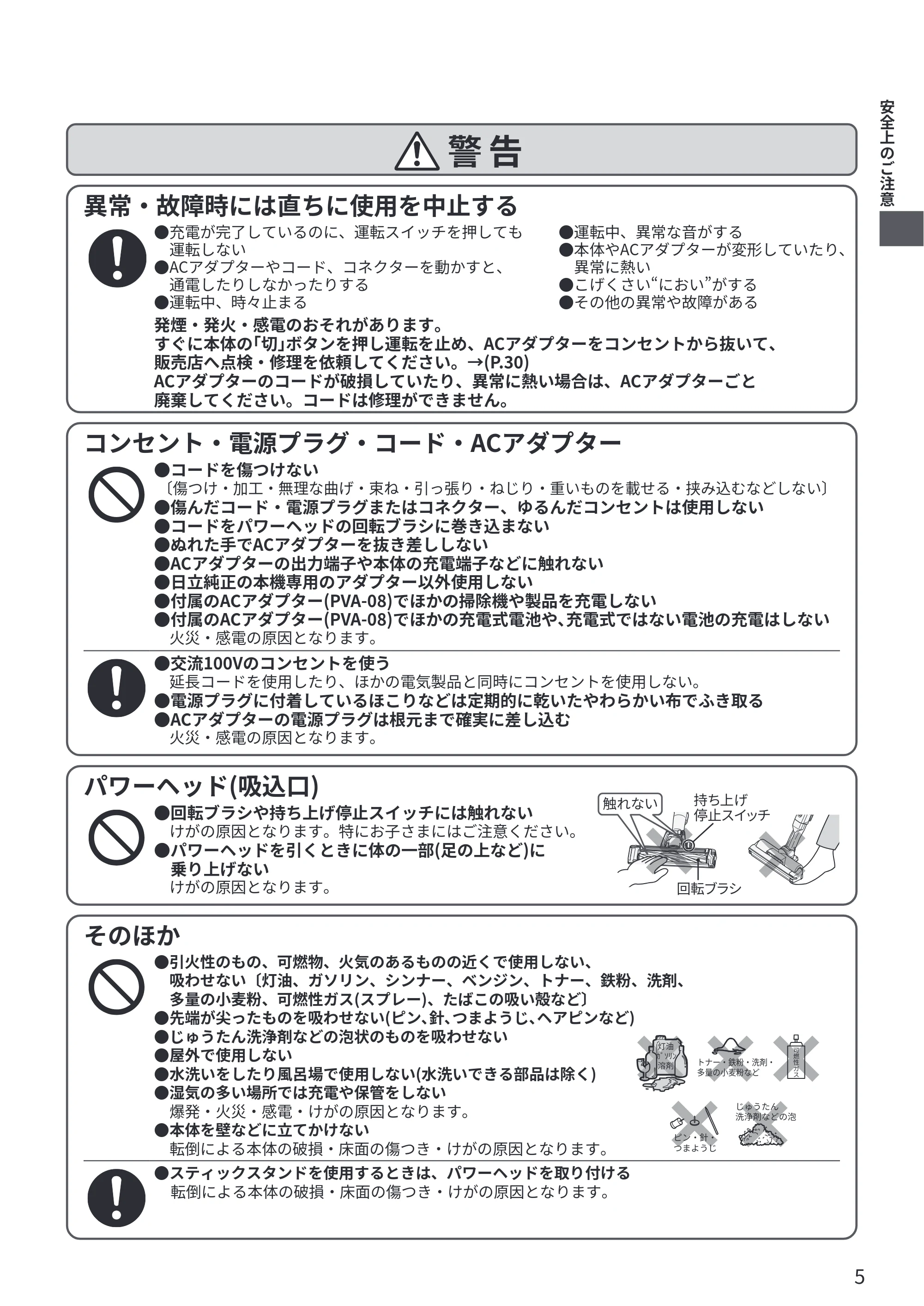 日立 PV-BL3P 取扱説明書 — 異常・故障時には直ちに使用を中止する — 原本ページ — 5ページ