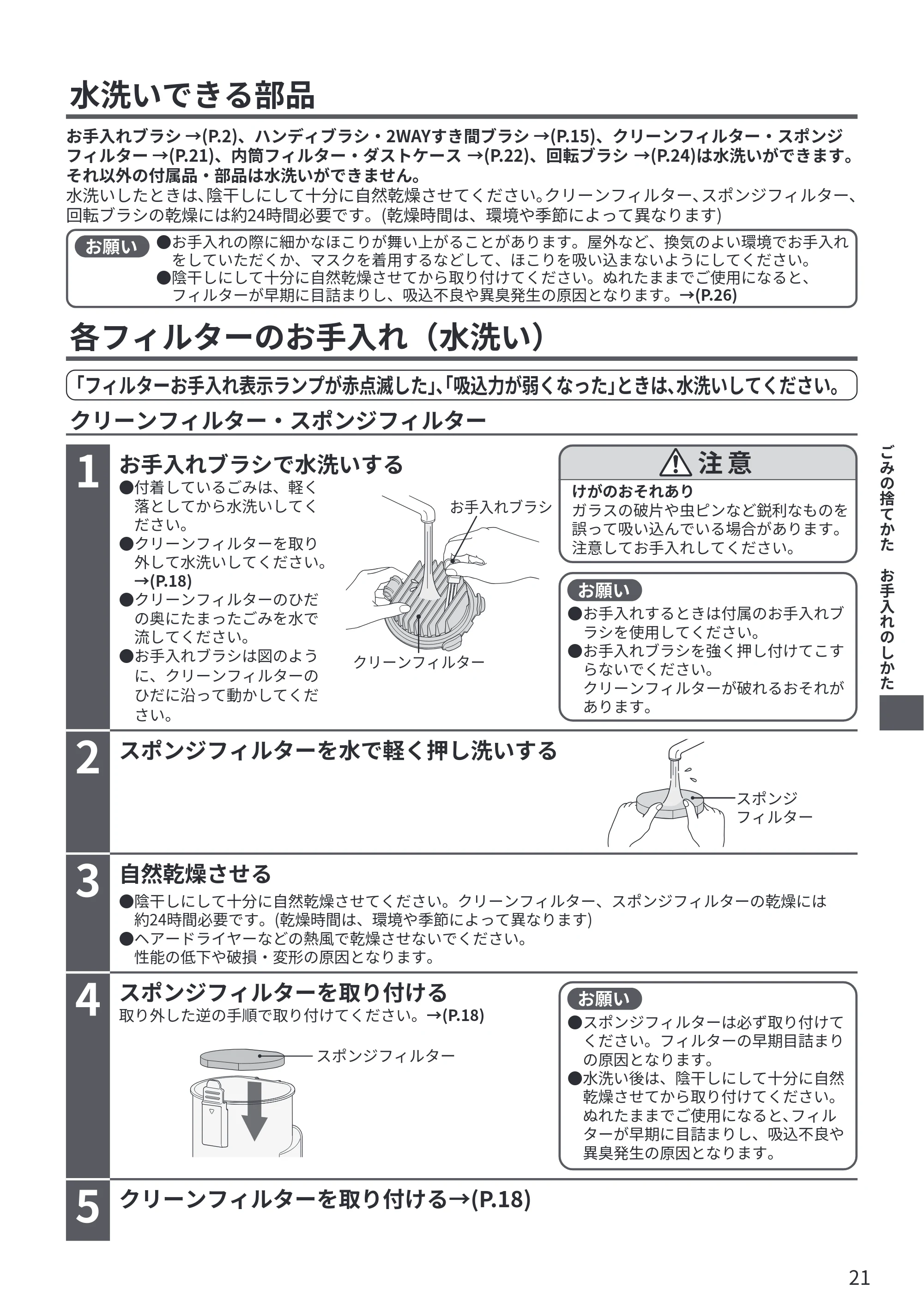 日立 PV-BL3P 取扱説明書 — 水洗いできる部品 — 原本ページ — 21ページ
