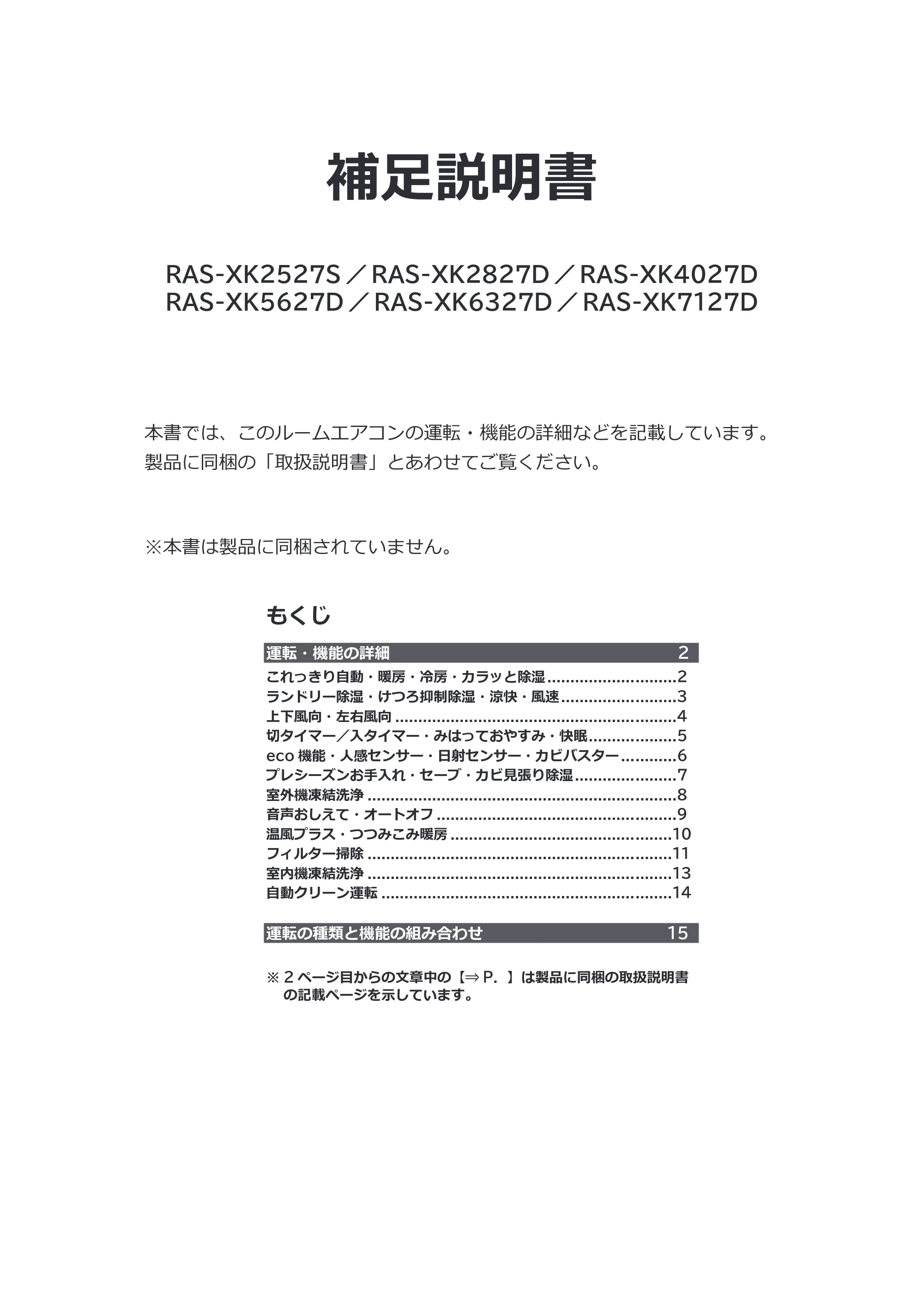 日立 RAS-XK2527S / RAS-XK2827D / RAS-XK4027D 補足説明書(Web掲載のみ) — 原本ページ — 1ページ